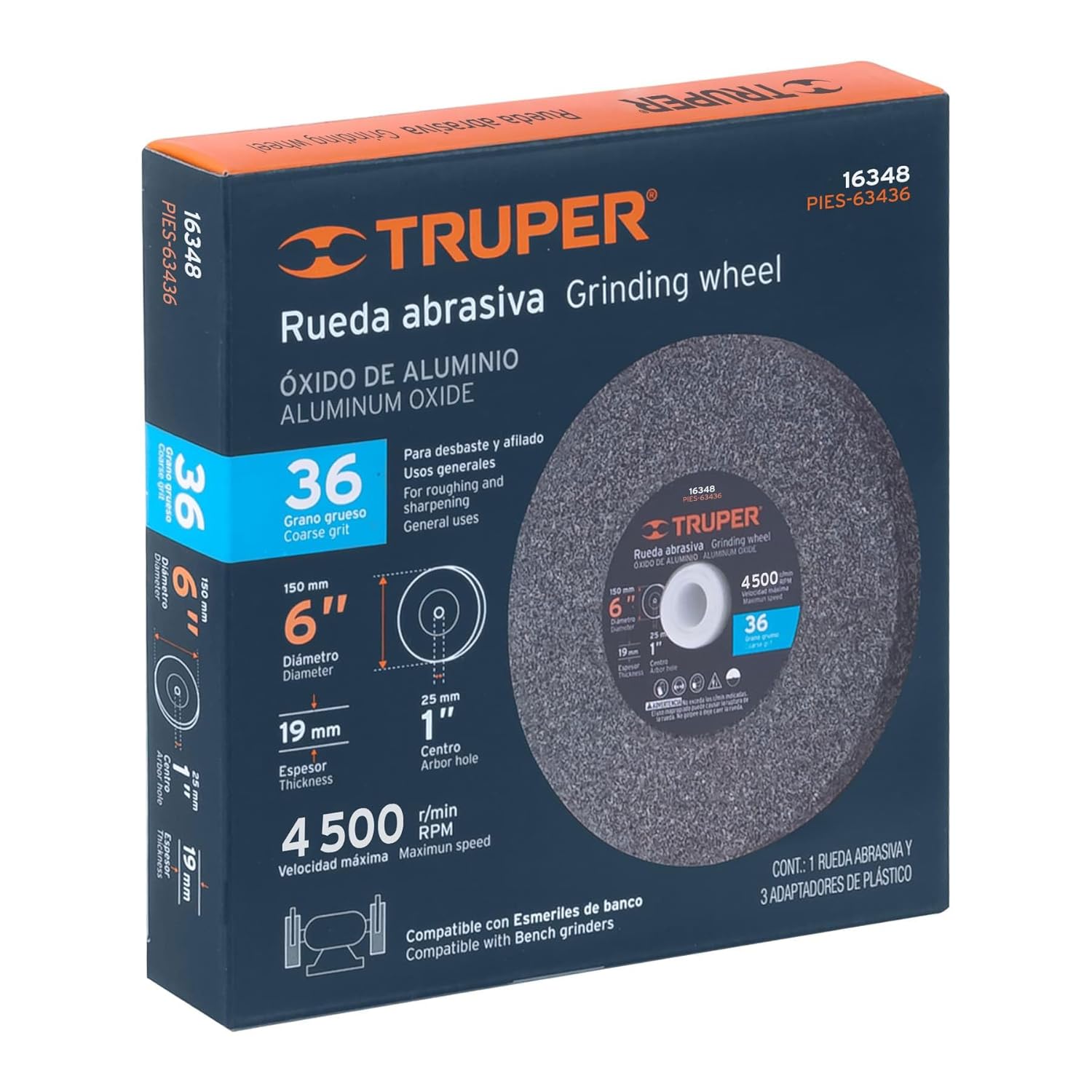 TRUPER PIES-63436 6" Aluminum Oxide Bench Grinding Wheels. Grit=36, Thickness=3/4", Arbor=1". 1 Pack