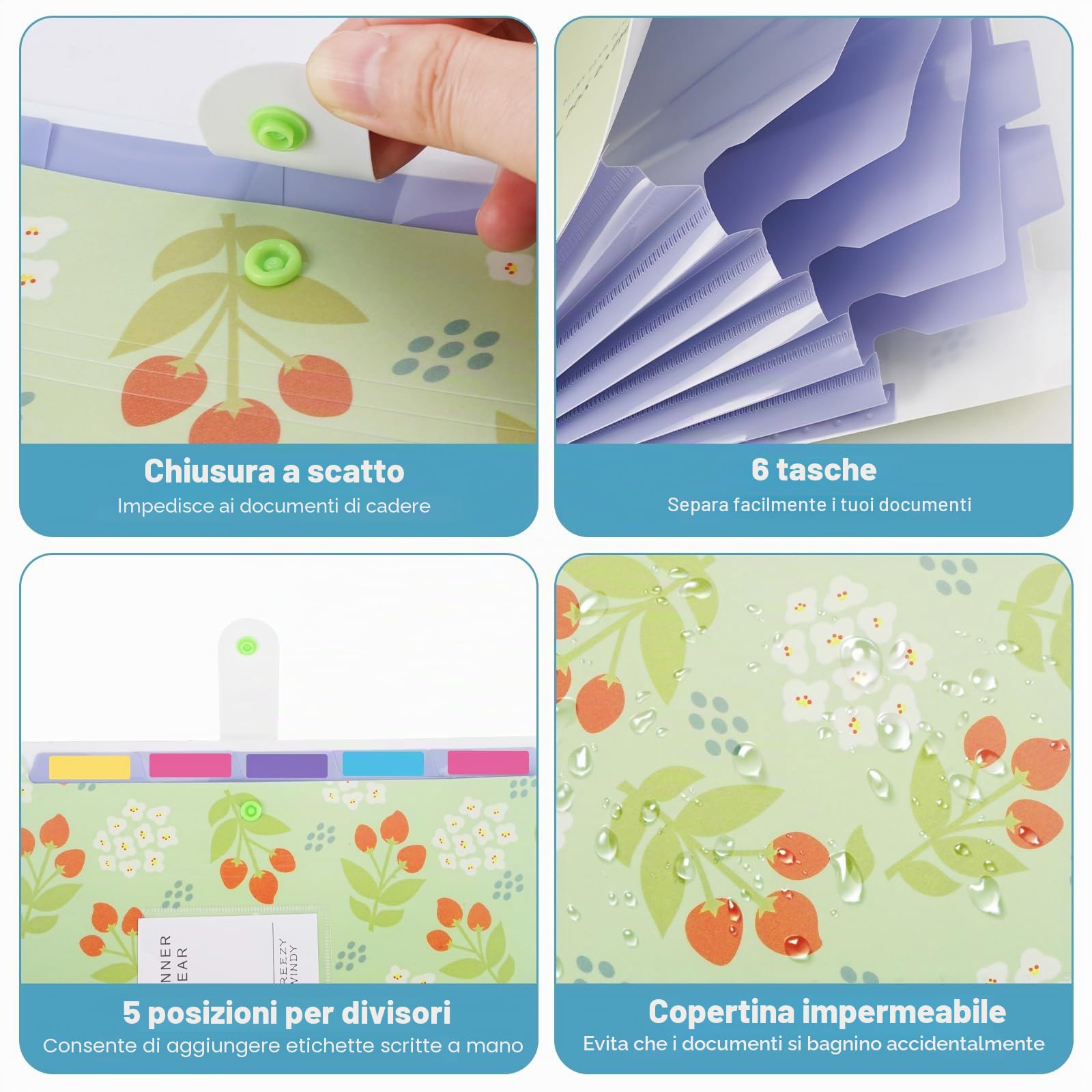 4 Pezzi Cartelline Portadocumenti A4, Porta Documenti A4 con 6 Tasche, Motivo Floreale Organizer Documenti, Cartellina Portadocumenti Espandibile con Chiusura, per Ufficio, Casa, Scuola | Cartella per compiti in formato A4, con divisori, per casa, scuola,