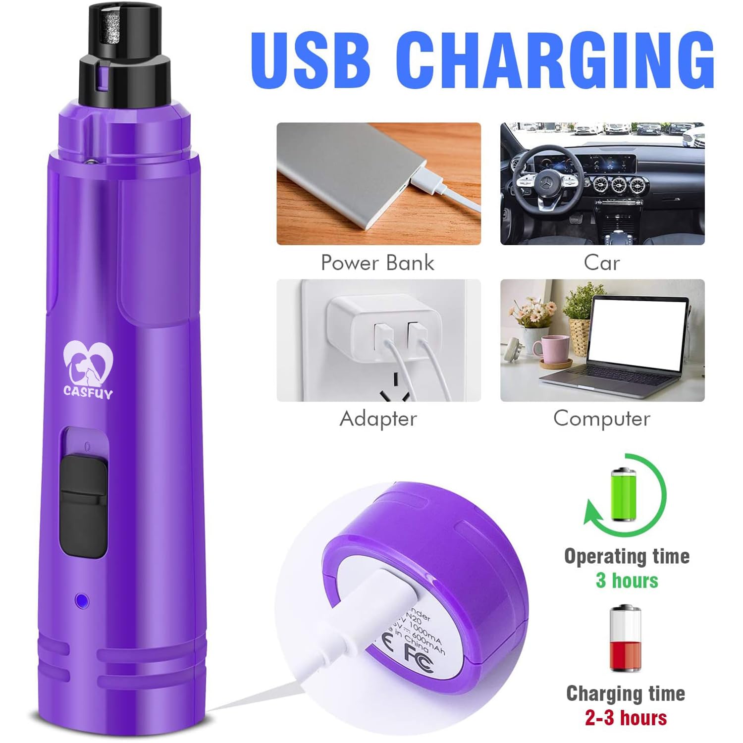 Casfuy Dog Nail Grinder with LED Light - Upgraded 2-Speed Electric Pet Nail Trimmer Powerful Painless Paws Grooming & Smoothing for Small Medium Large Dogs & Cats (Purple) - image 3