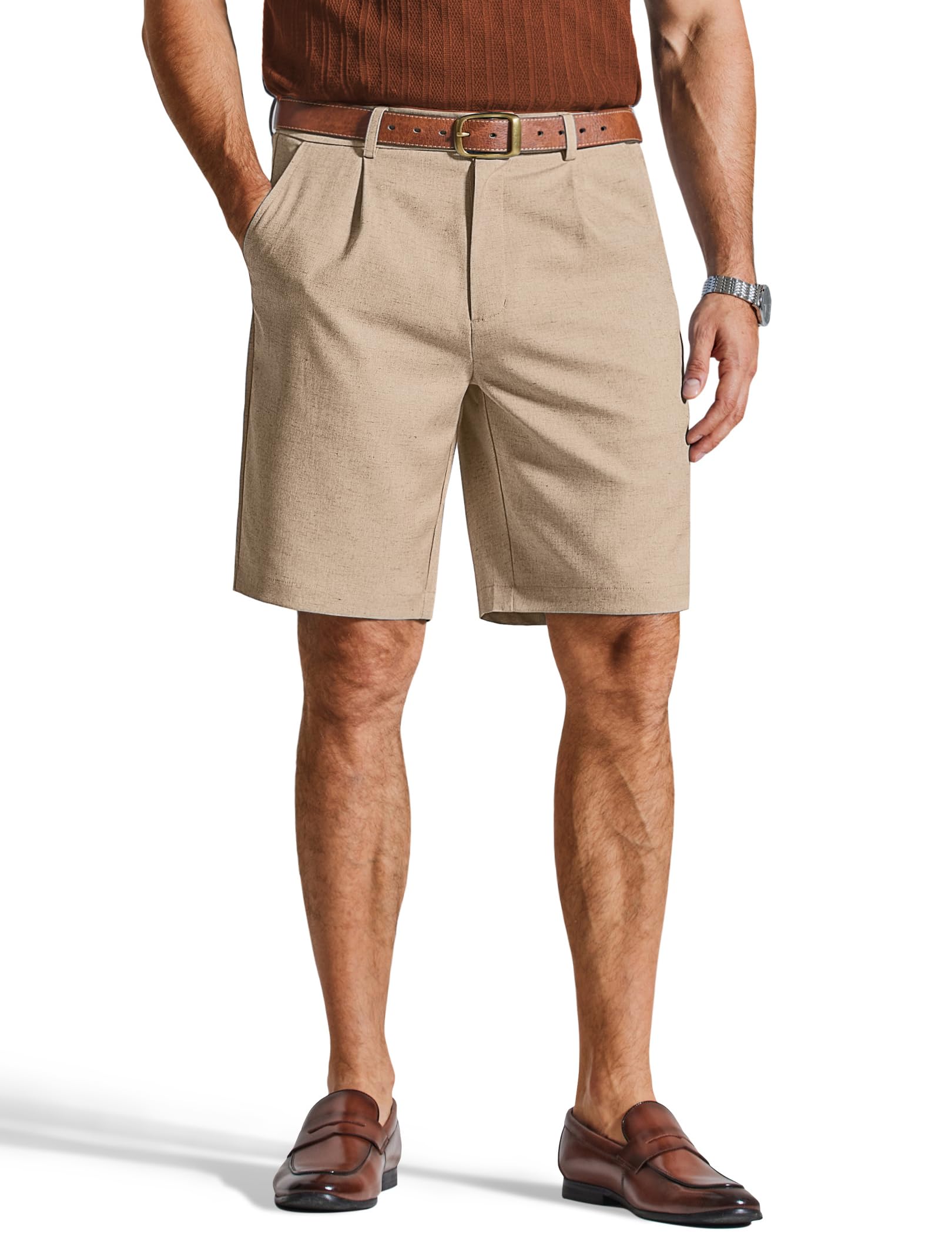 COOFANDY Men's Casual Shorts Pleated Front 9" Linen Textured Dress Shorts