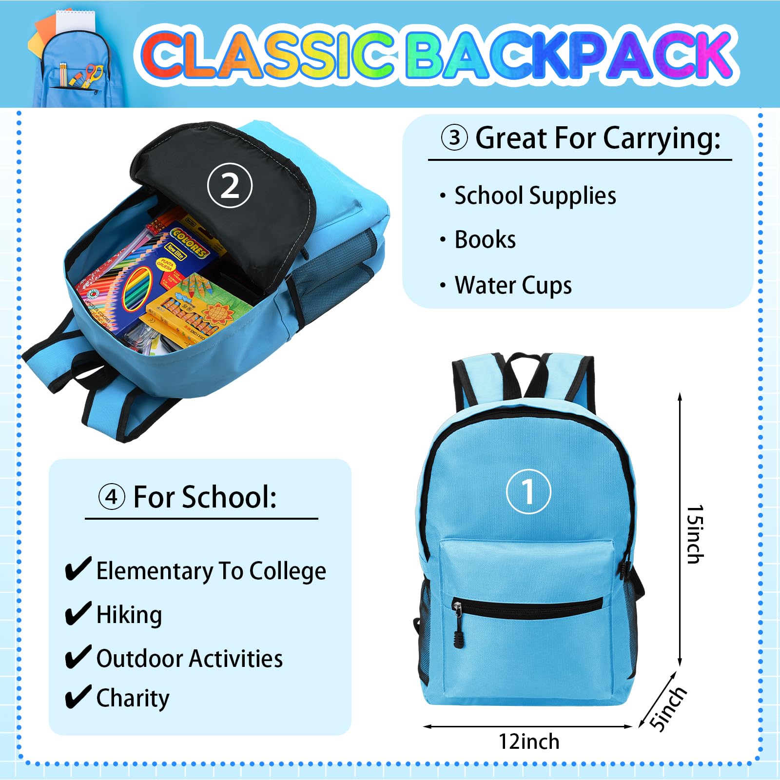 Gilprop Kit di 86 articoli scolastici con zaino, set di borse per il rientro a scuola, set essenziale elementare, per bambini, studenti, ragazze, ragazzi, aule scolastiche (azzurro)