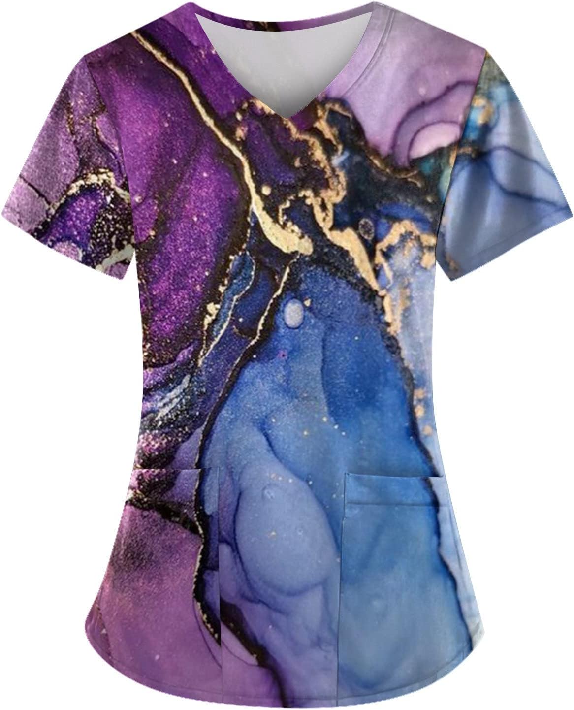 Womens Uniforms Plus Size Printed Scrub Tops V-Neck Fun Workwear Nurse Uniform Tee with Pockets