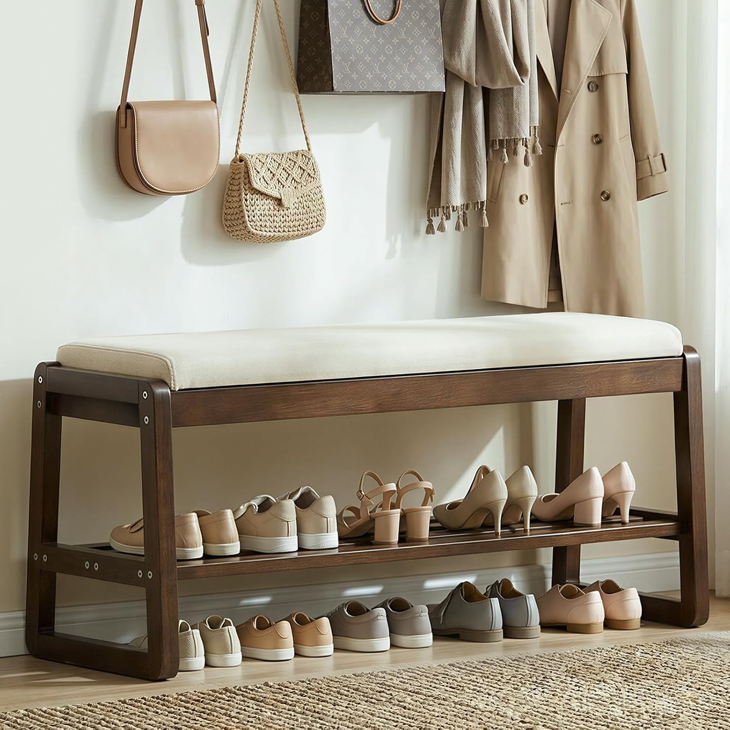 Shoe Rack Bench with Cushion, 2-Tier Entryway Bench with Storage for Front Entrance, Hallway Living Room Bedroom (Walnut, 31.5")