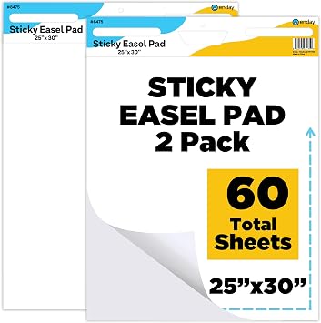 Enday Sticky Easel Pads 25"x 30" 2 Pack - Anchor Chart Paper, Chart Paper for Teachers, Flip Chart Paper, 25 in x 30 in Easel Paper, Large White Easel Pads Self Sticky Chart Paper 30 Sheets Per Pad