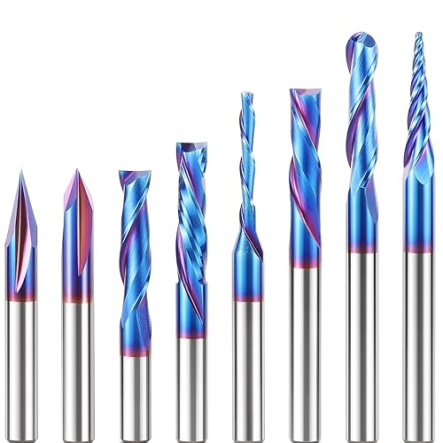 HQMaster Brocas de enrutador CNC de 14 de pulgada, juego de 8 piezas para detalles de madera, perfil de ranura en V, grabado de carburo sólido,