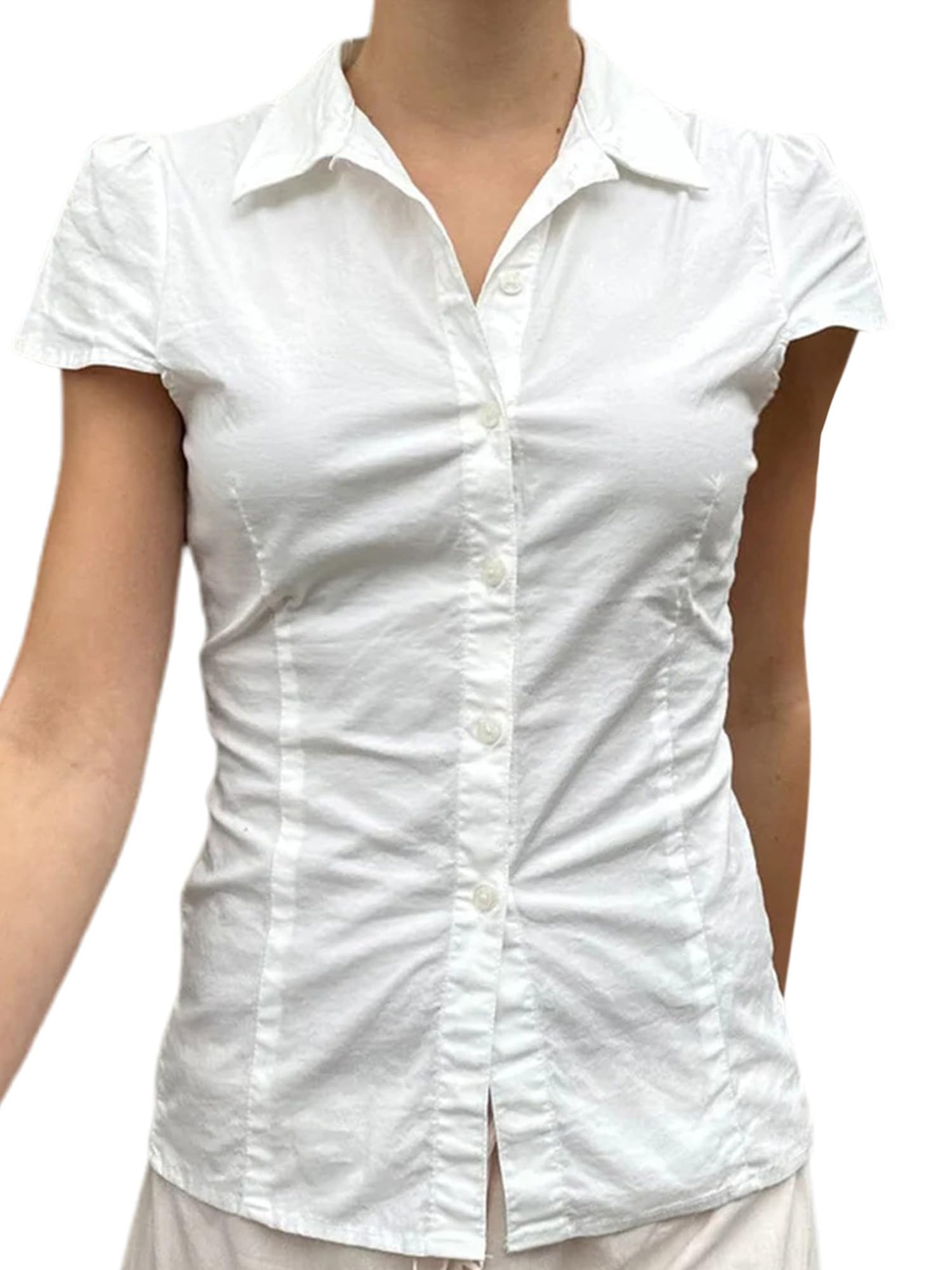 Women Y2K Button Down V-Neck Shirt Tee Summer Slim Lapel Collar Peplum Short Sleeve Plaid Crop Tops Streetwear (C White, S)