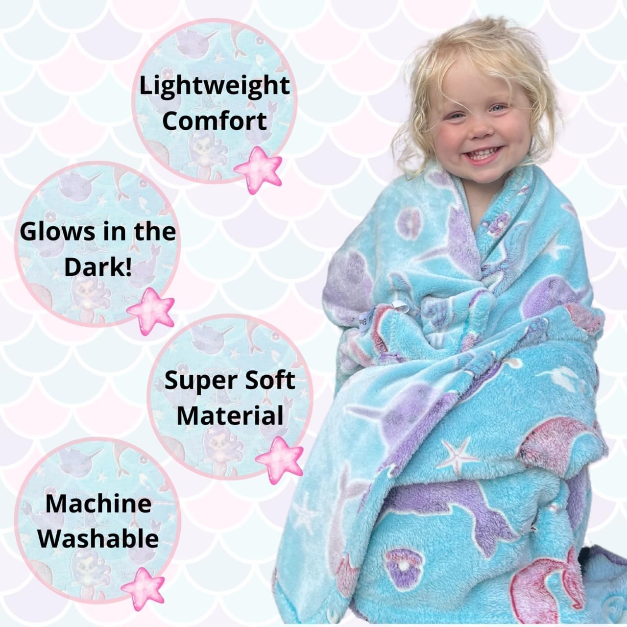 Mermaid Narwhal Throw Blanket: Glow in The Dark, Cozy, Soft, Warm, Fleece Girl Blanket with Starfish, Pearls, and Cute Mermaids 50" x 60" (Teal) - Image 2