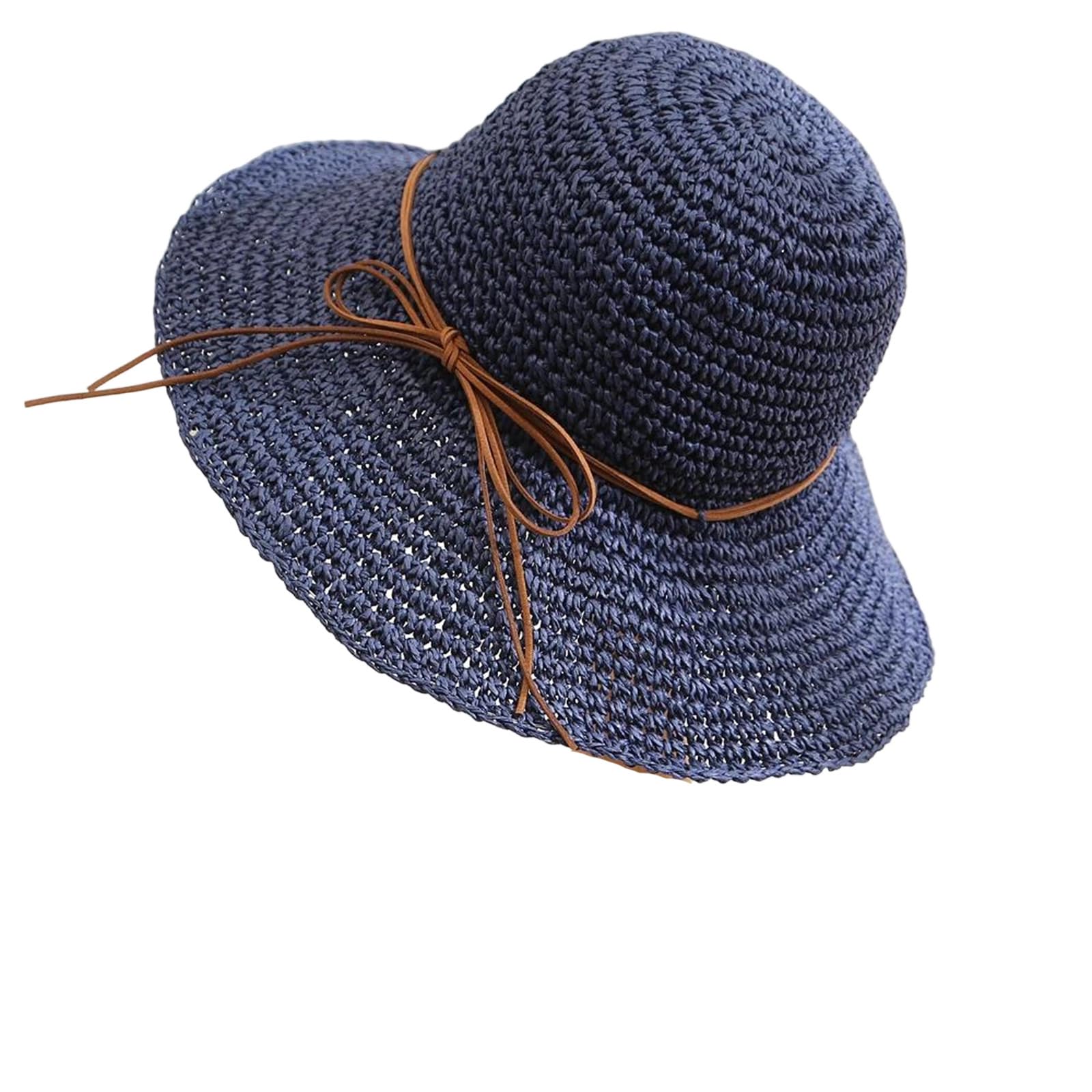 LCUVIMPEX Bucket Hats， Womens Straw Sun Hat Wide Brim Bow Detail Multicolor Multiple Sizes(Navy)
