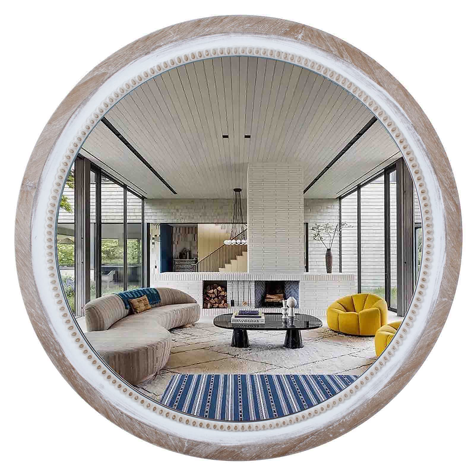 Reflinto Round Wood Mirror Decorative Mirrors - 24'' Farmhouse Circle Mirror Distressed Hanging Mirrors for Bedroom, Living Room, Foyer Wall Accent Mirror with Beaded Decor