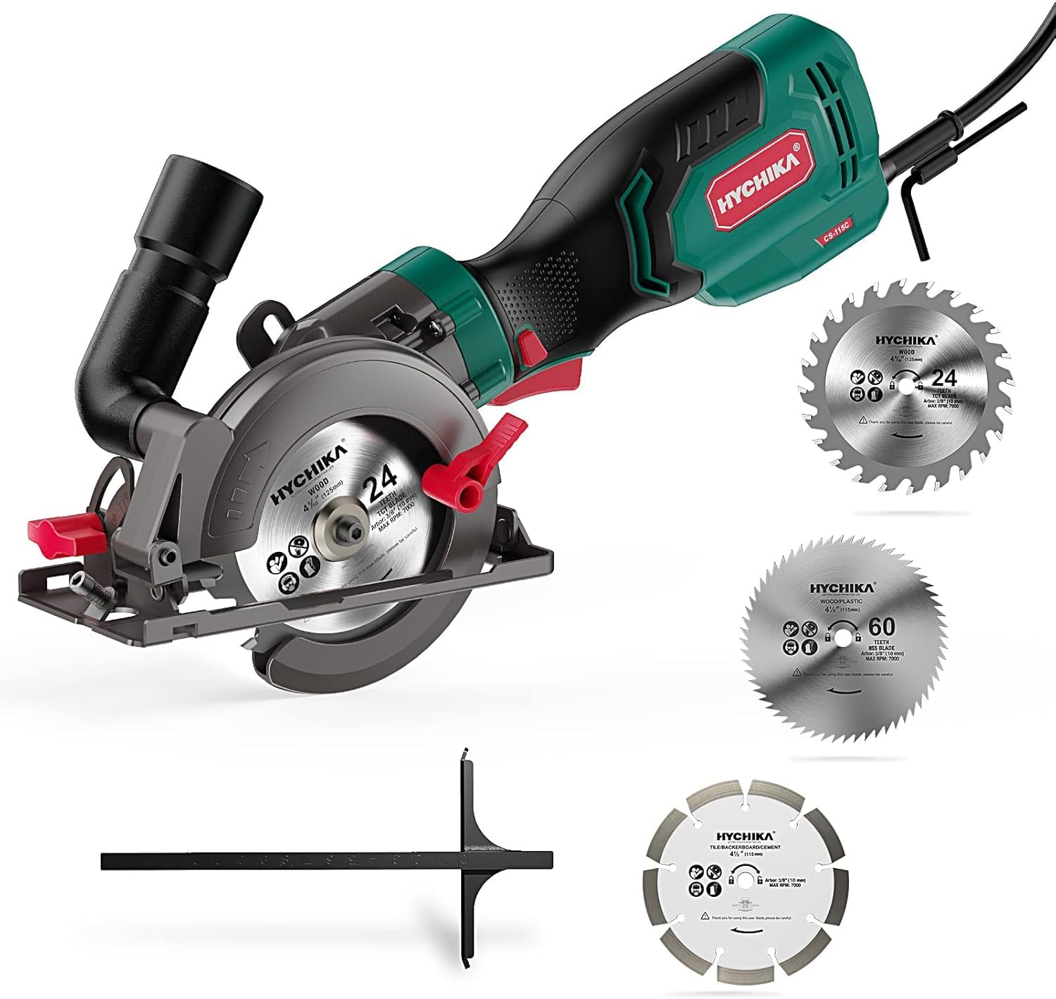 HYCHIKA Mini Sega Circolare 750W 3500RPM, Sega Compatta con 3 Lame (24T/60T/9T) per Legno, Metallo e Piastrelle, Taglio Inclinato 45°/90° (Profondità Max 48mm), Fai da Te
