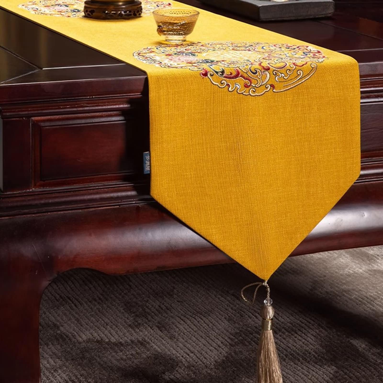 Runner Tavola Moderno Giallo con Motivi Floreali,Poliestere,33x120cm