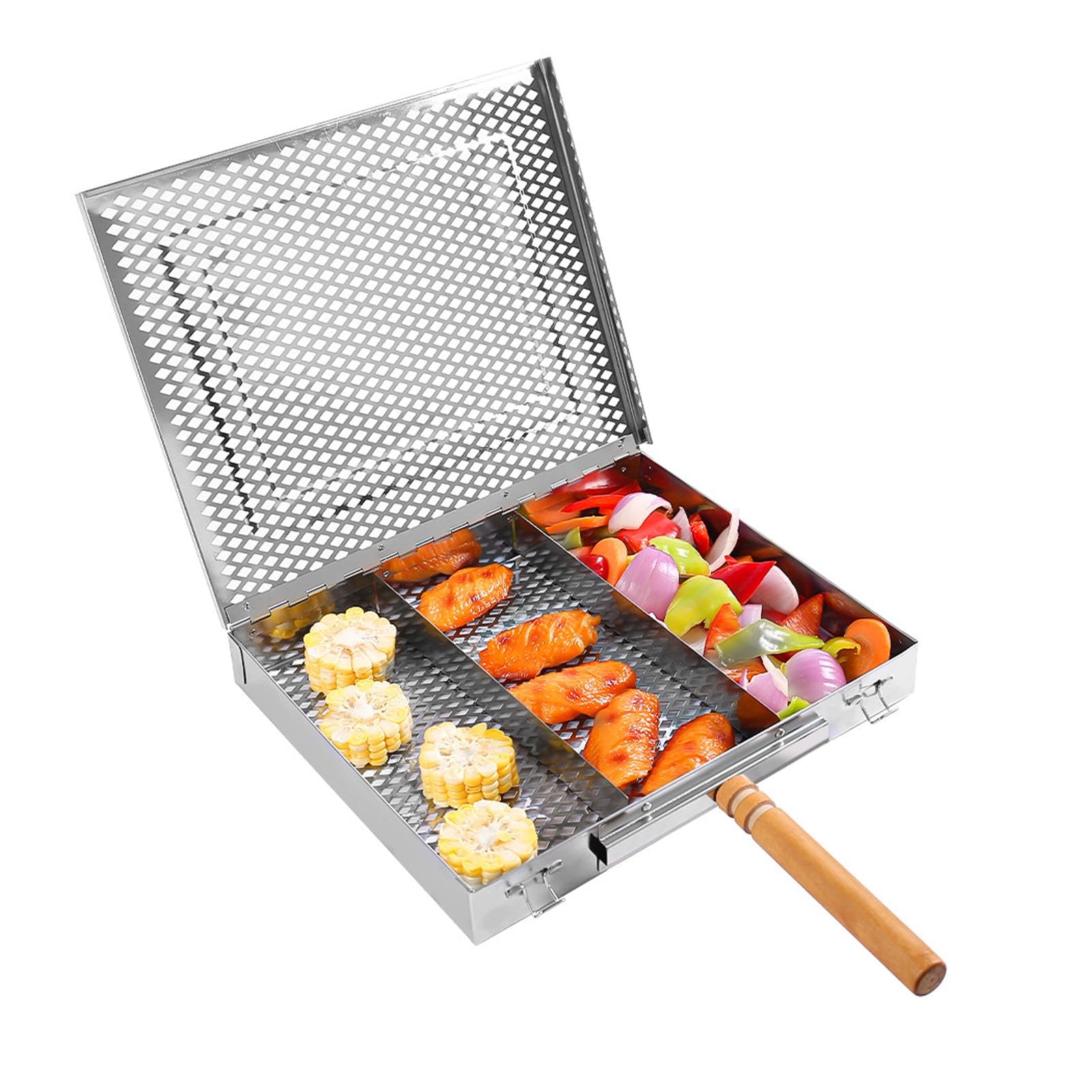 Asixxsix Cestino per Griglia, Cestino per Griglie per Barbecue in Acciaio Inossidabile con Manico in Legno e Divisori Staccabili, Accessori per Barbecue per Verdure, Gamberi, Regali per (singola
