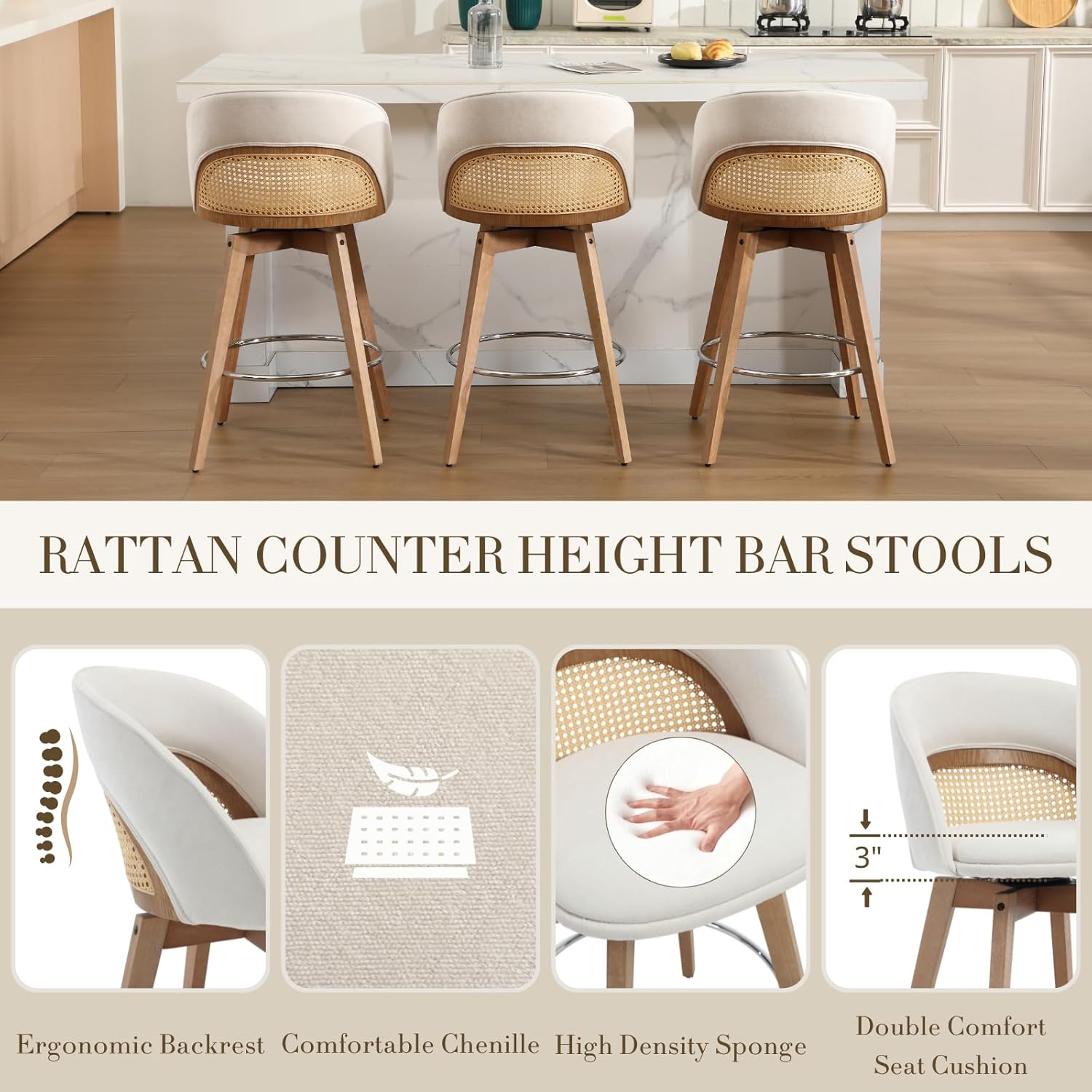 CIMOTA Swivel Counter Height Bar Stools Set of 2, Modern 26" Chenille Kitchen Island Stools with Curved Back and Wooden Legs, Rattan Counter Stools with Silver Footrest for Dining Room, Beige