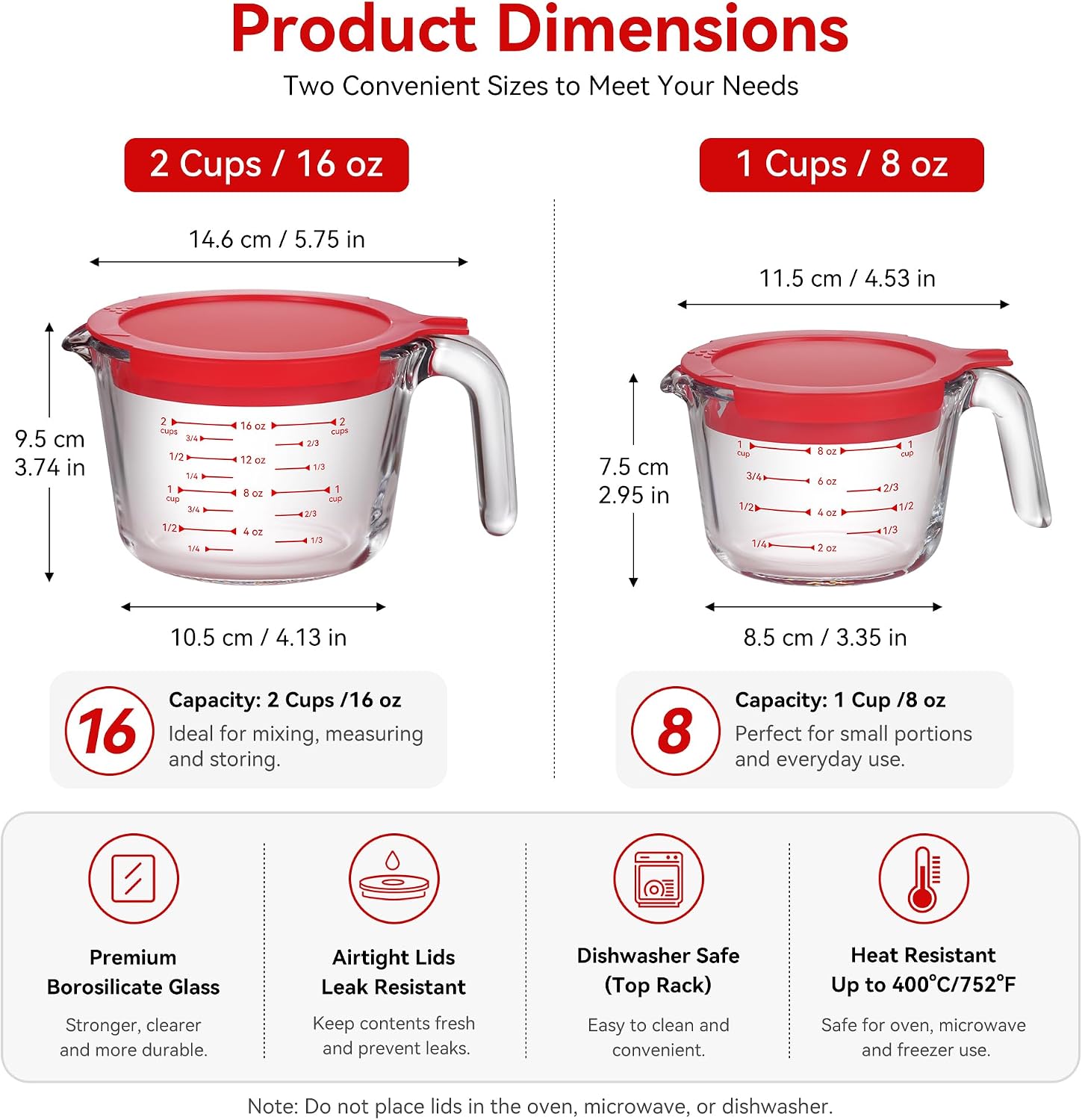 2 Pack Borosilicate Glass Measuring Cups with Lid, 1 & 2 Cup Heat Resistant Liquid Measuring Cups, Oven Microwave Freezer Dishwasher Safe for Baking Cooking Food Prep