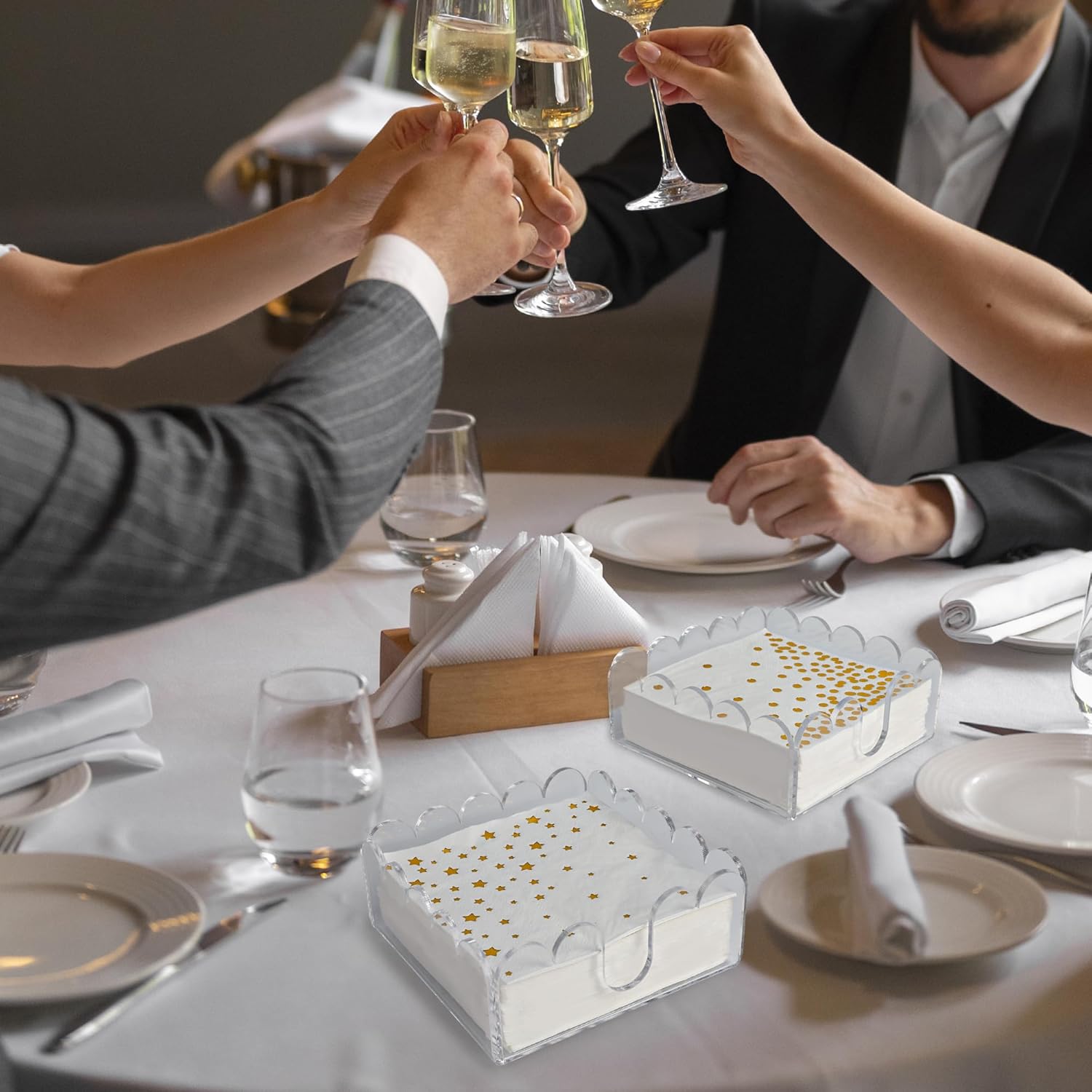 2 Pack Acrylic Cocktail Napkin Holder Crystal Clear Scalloped Tray for Cocktail,Beverage Napkin Holder Square Rectangle for Dinner, Kitchen, Bathroom, Restaurant, Bar (5.5 x 5.5 Inch) - Image 6