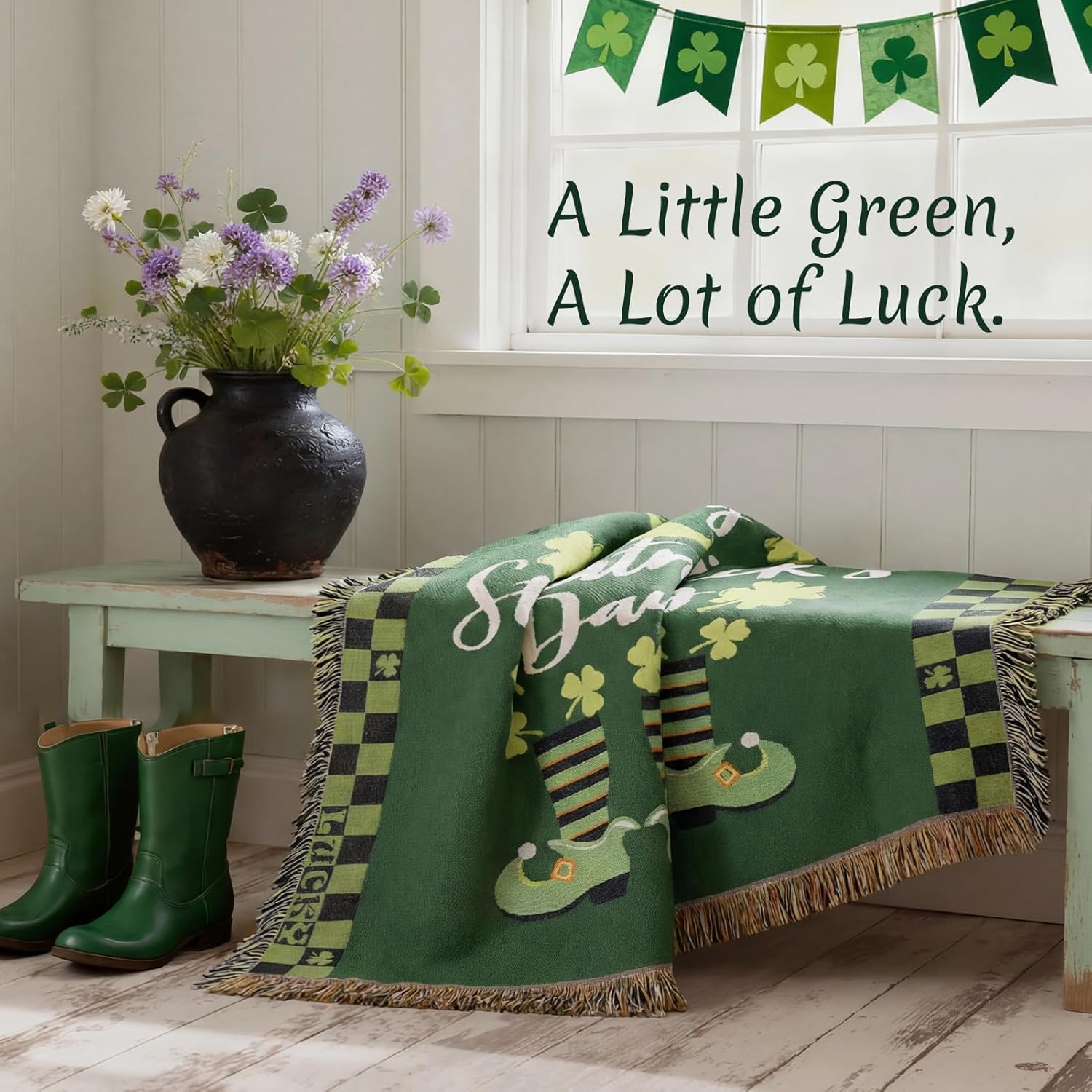 Phantoscope St. Patrick's Day Blanket, Soft Jacquard Knitted Throw Blankets with Tassel, Warm Cozy Blankets with Lucky Clover Elf Boots Blanket for Couch Living Room Bedroom, Green, 50 x 60 Inches - Image 4