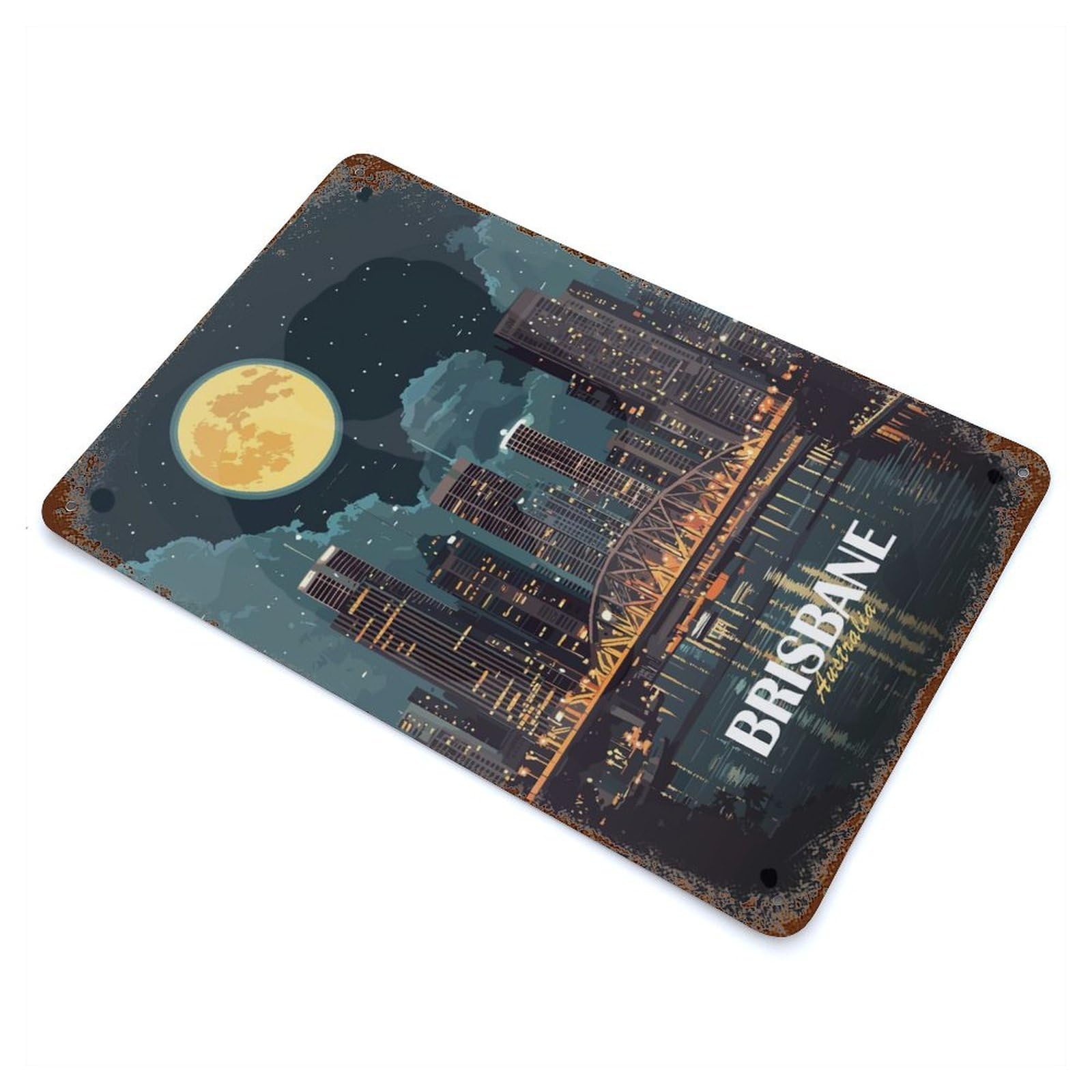 Brisbane Australia Cityscape at Night Rustic Tin Plaque 11.8"x7.9", for Living Room, Hallway And Home Decor, Decorative Metal Wall Art