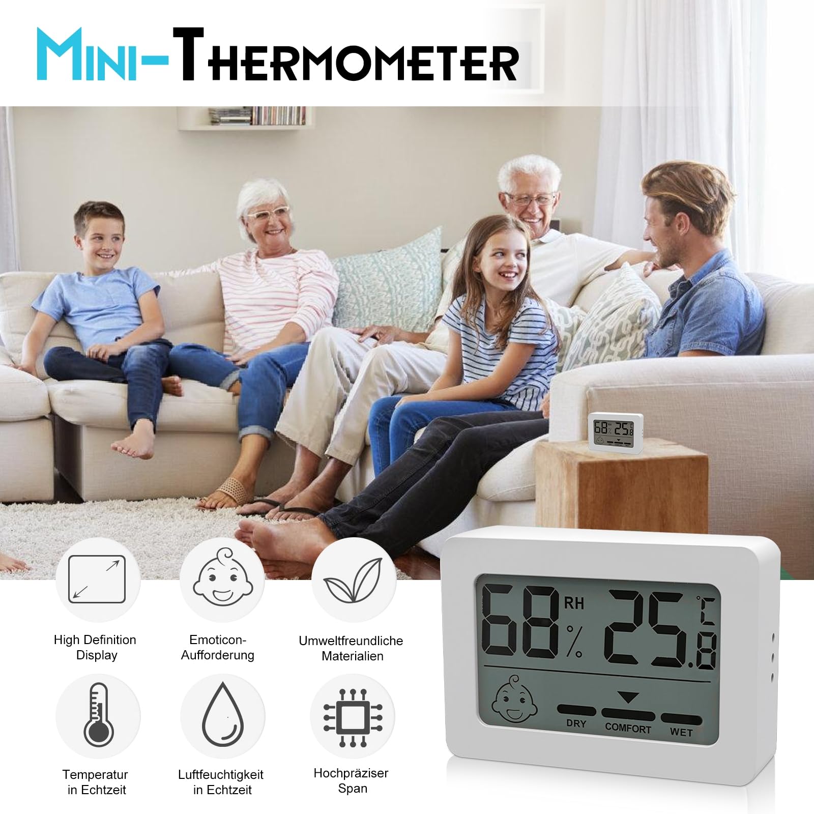 Sonde Confort Ambiant Thermomètre Hygromètre Numérique Lot De 6 - Mini Station Météo Avec Smileys - Pour Maison, Bureau, Chambre Bébé Thermomètre Frigo