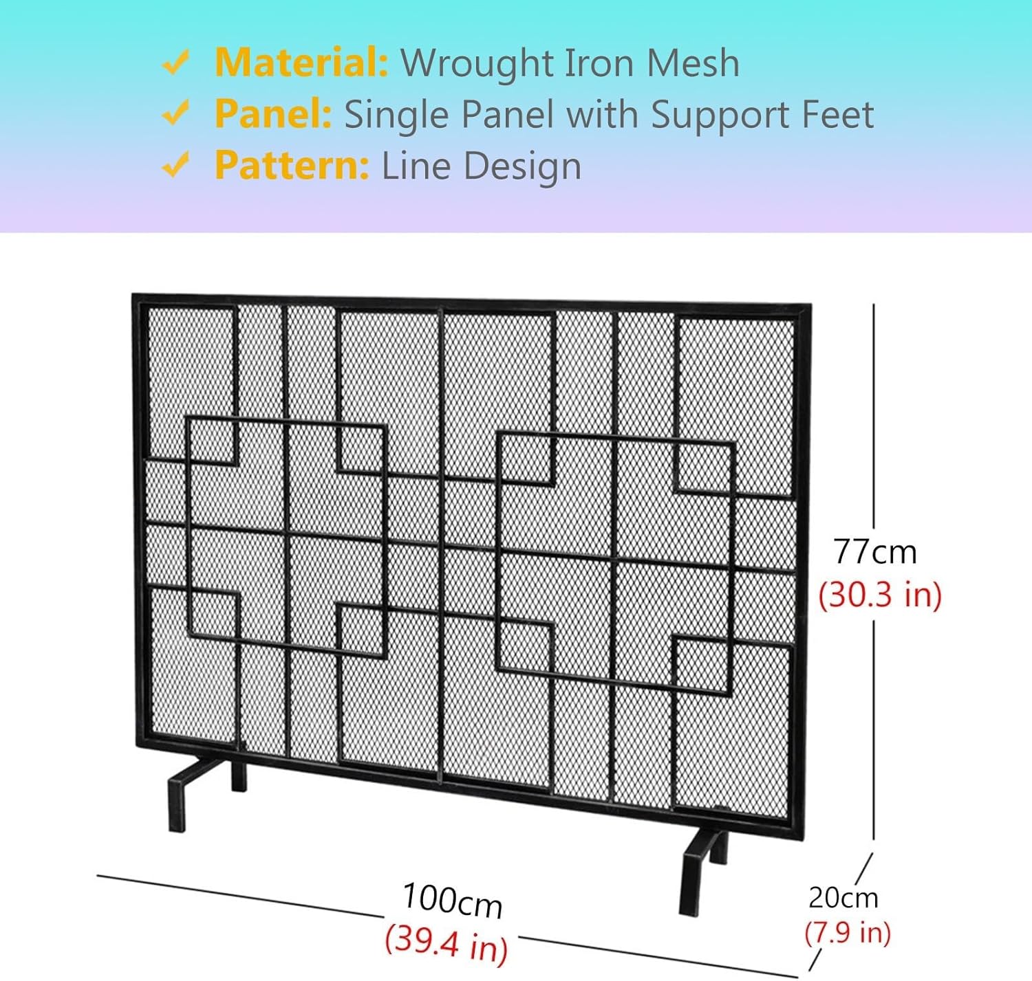Black Fireplace Fire Screen 100x77cm, Country Style Spark Guard with Support Feet for Log Wood Burners & Charcoal, Flat Design for Enhanced Safety & Elegance