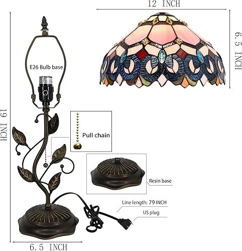 Miniatura 3 de Tiffany Table Lamp, Pink Stained Glass Desk Light, W12H19 Inch, Metal Leaf Base (Pink Baroque Style)