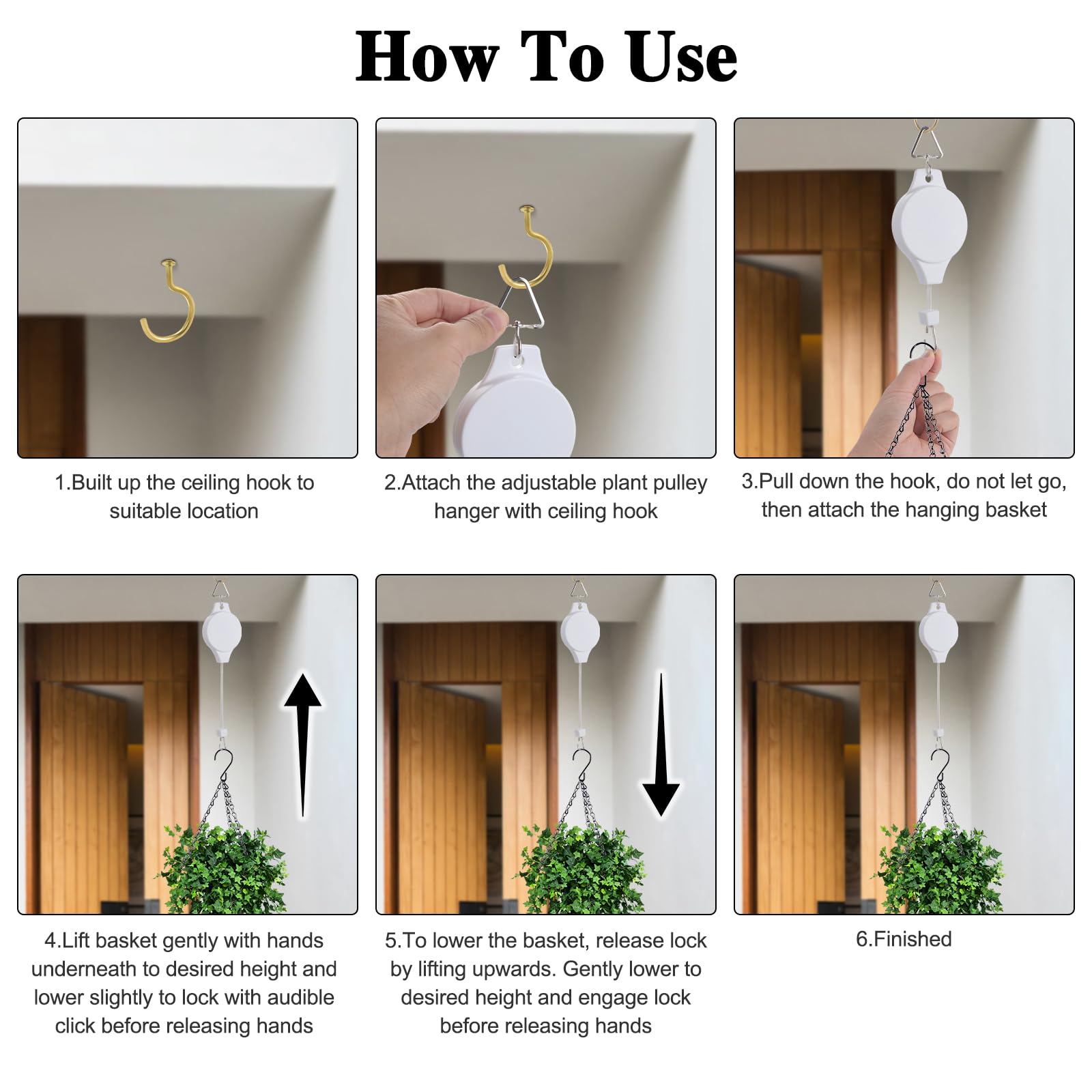 Gueenky 4 Piezas Ganchos de Polea para Plantas Blanco, Ganchos para Colgar Plantas de Techo para Macetas Colgantes Ganchos para Colgar de Poleas de Plantas para Macetas, con Ganchos de Techo