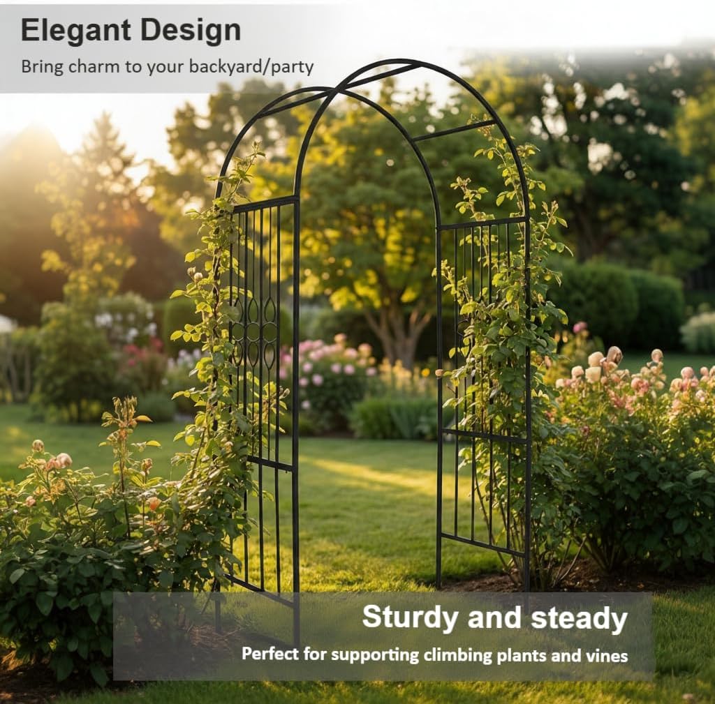 SCENDOR 90.5" H x 45.6" W Sturdy Metal Garden Arch with Decorative Scrollwork – Heavy-Duty Arbor for Climbing Plants, Roses, Vines, Weddings, and Outdoor Patio, Lawn, Backyard Decor (Black)