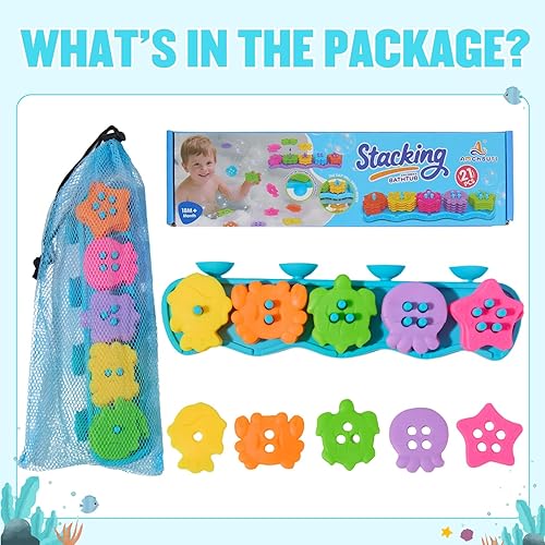 Miniatura 6 de Juguetes de baño para niños de 1 a 3 años, juguetes de baño para clasificar y apilar sin moho con 20 piezas flotantes de goma suave vibrante,