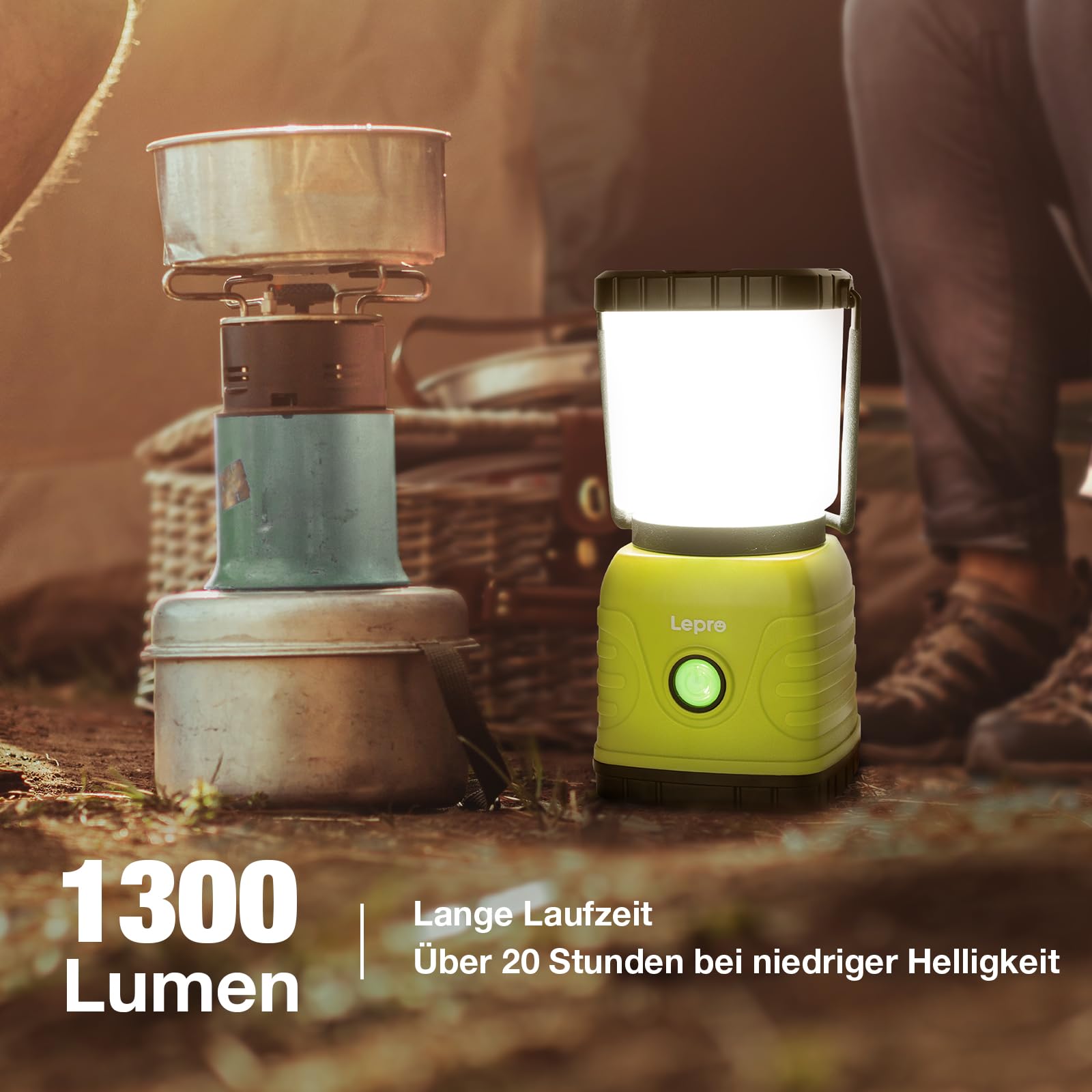 Lepro LED Camping Lampe, per USB wiederaufladbar, 4 Modi, Campinglleuchte, tragbar, superhell, 1300 Lumen, Suchscheinwerfer mit Bügel und Haken