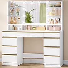 Hzuaneri DT35703X Makeup Vanity Unit with 10 LED Lights, 3 Colours, Adjustable Brightness, Large HD Mirror, 1 Large Drawer and 8 Small Drawers, 9 Open Storage Compartments, White/Gold DT35703X