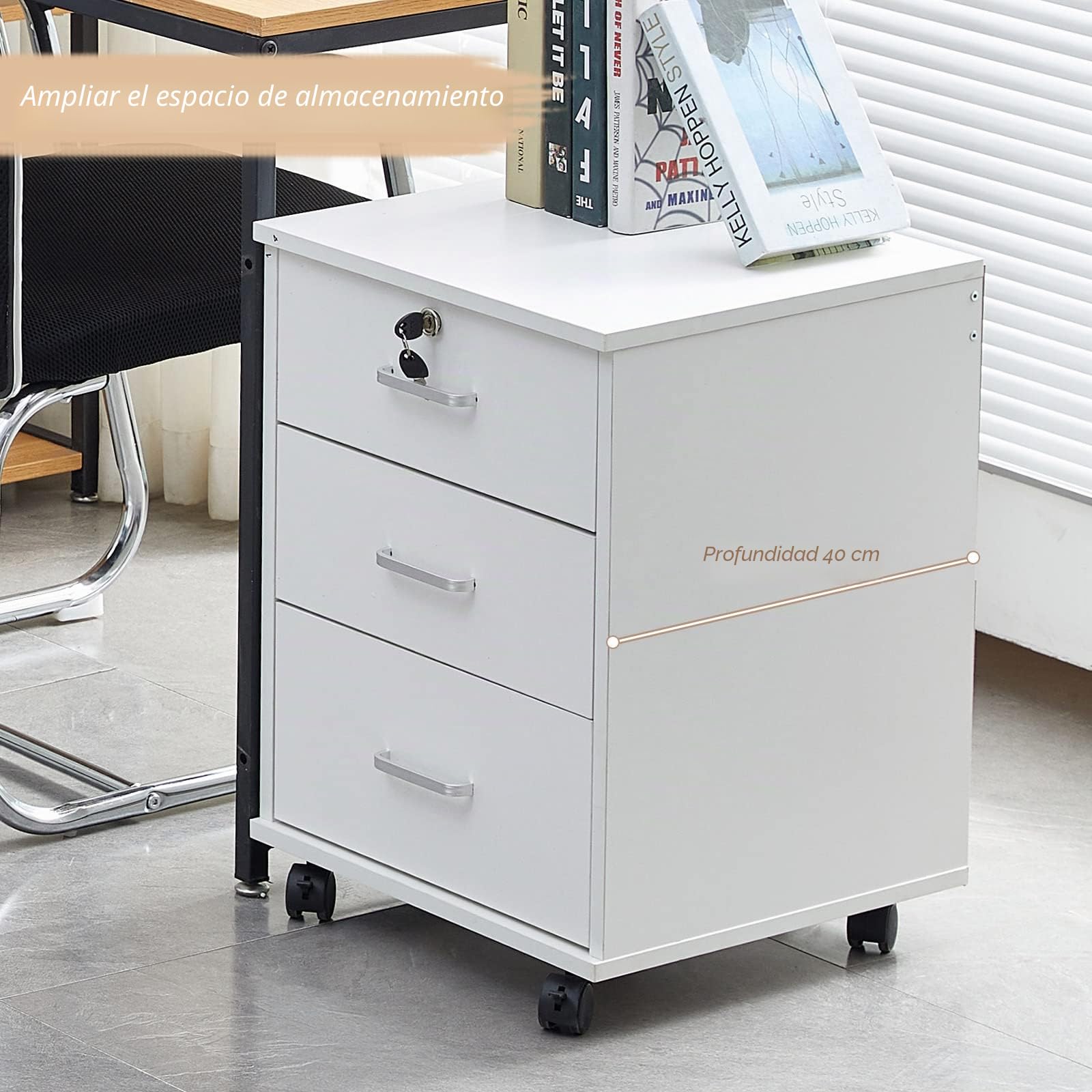 LEMROE Archivador móvil de 3 cajones con cerradura y ruedas, estilo industrial, archivador de madera para oficina en casa (blanco, 3 cajones)