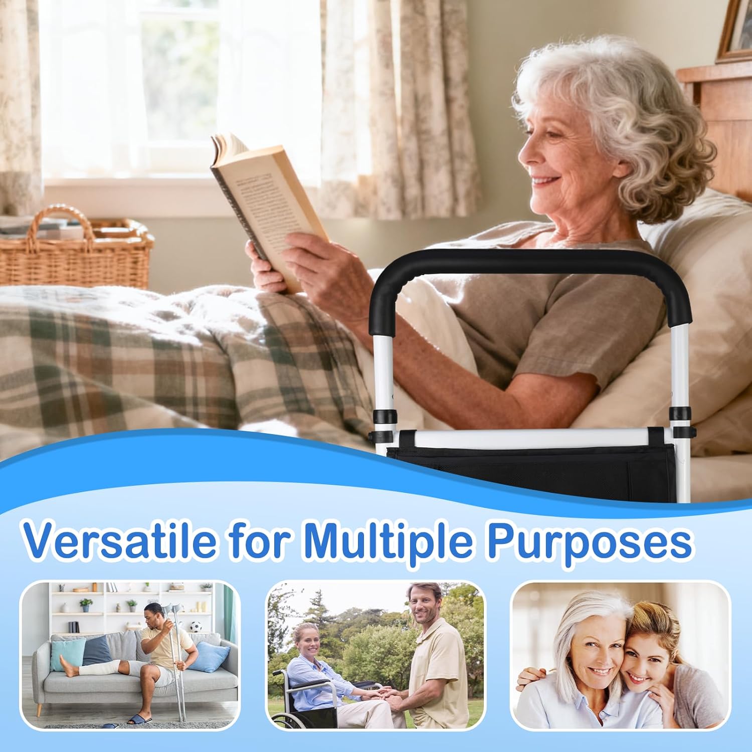 Bed Rail for Elderly Adults Safety, 90° Foldable Bed Assist Bar with Adjustable Height, Flat Base Fits Under Mattress, 300 lbs Capacity Bedside Support Handle for Seniors