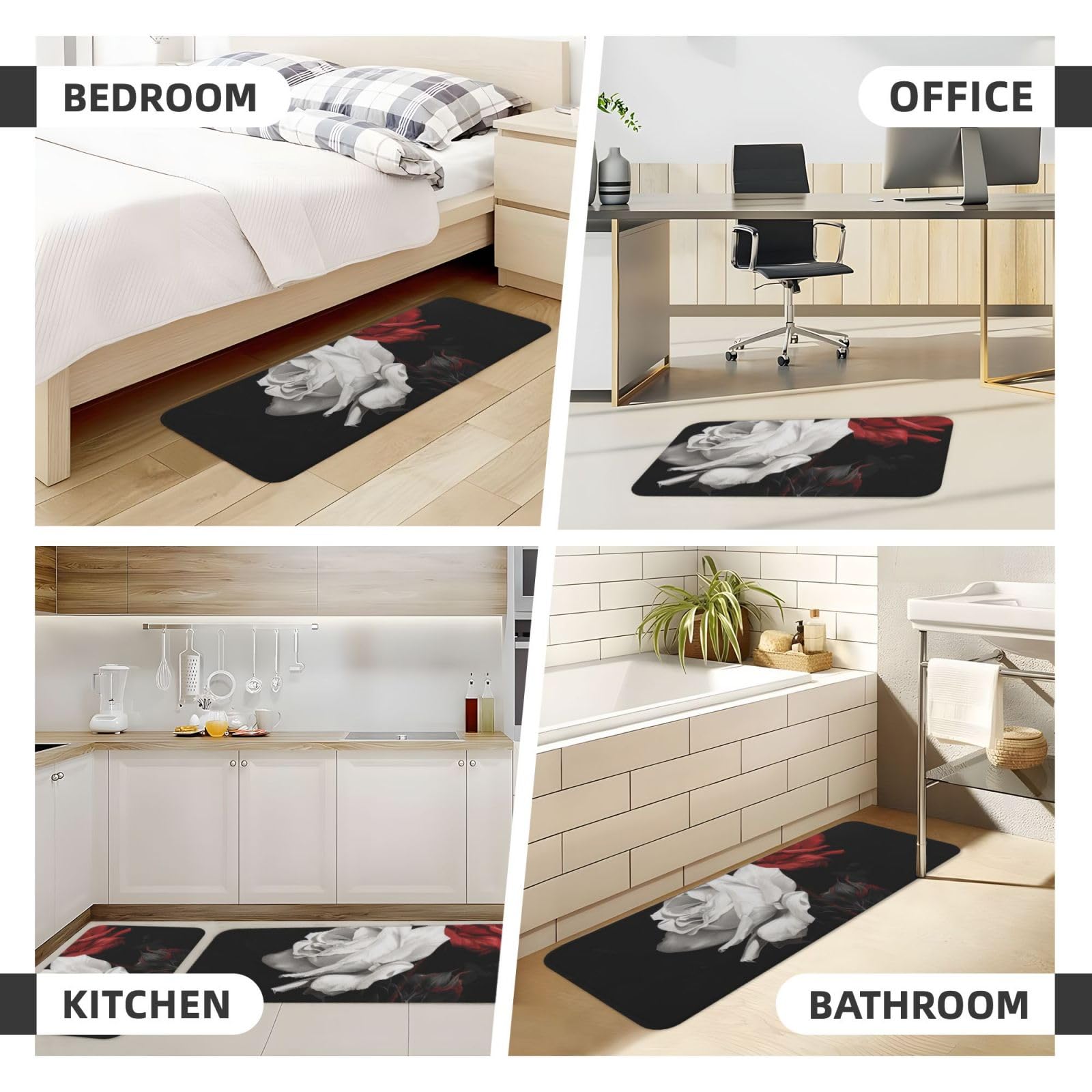 Küchenmatten mit schwarz-weißen und roten Rosen, rutschfest, saugfähig, für Urlaub, Party, Zuhause, Küche, Büro, 2 Stück