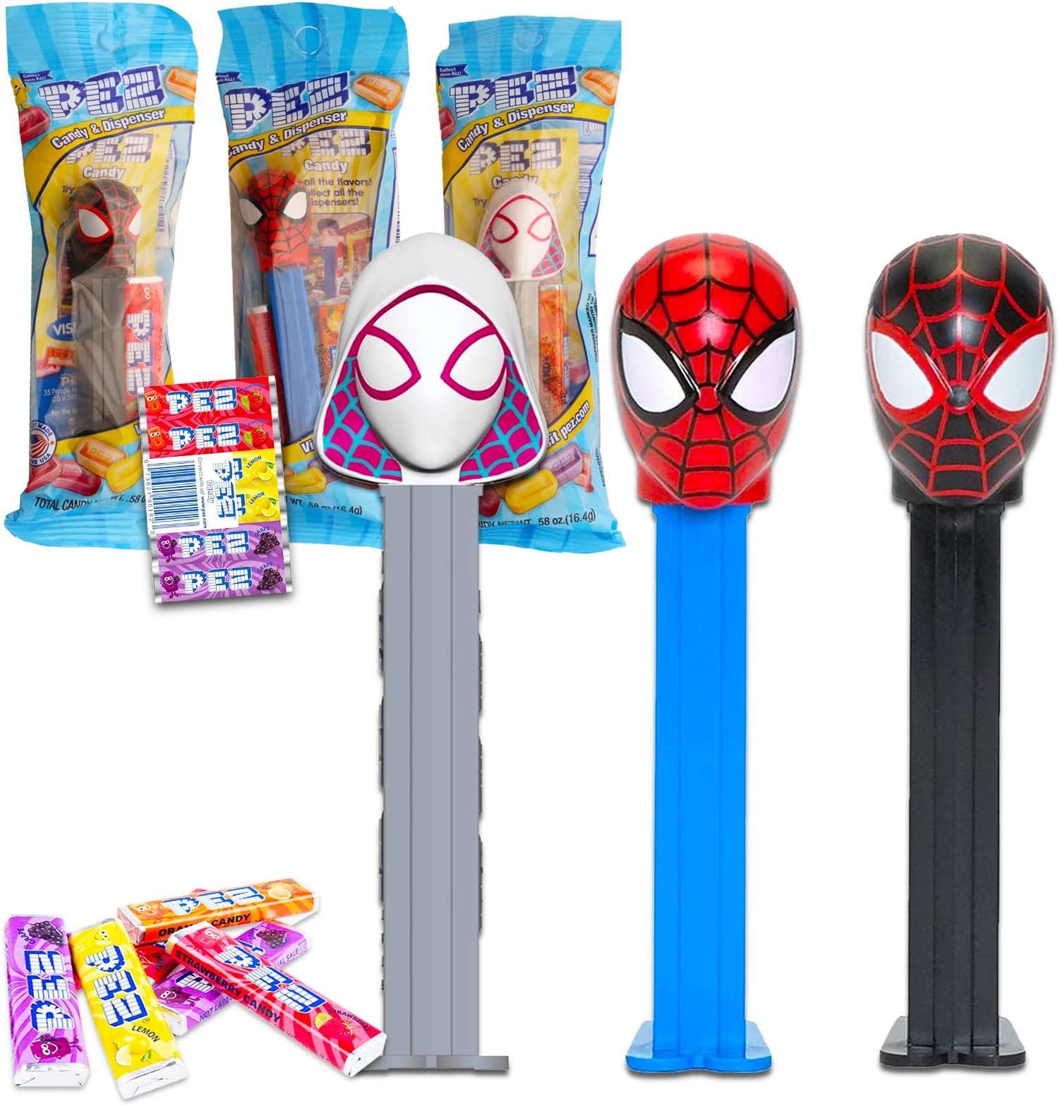 Spiderman PEZ Dispensers 4 Pack - Bundle with 3 Pez Dispensers Featuring Spiderman Plus PEZ Refill Pack | Marvel Spiderman PEZ Candy Dispenser & Candy Refills
