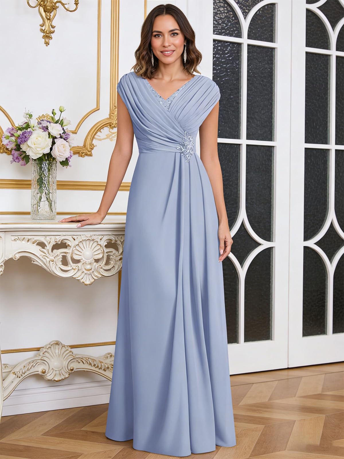HUINI Chiffon Mutter der Braut Kleider für Hochzeit Cap Ärmel Plisserte A Linie formelle Abendkleider