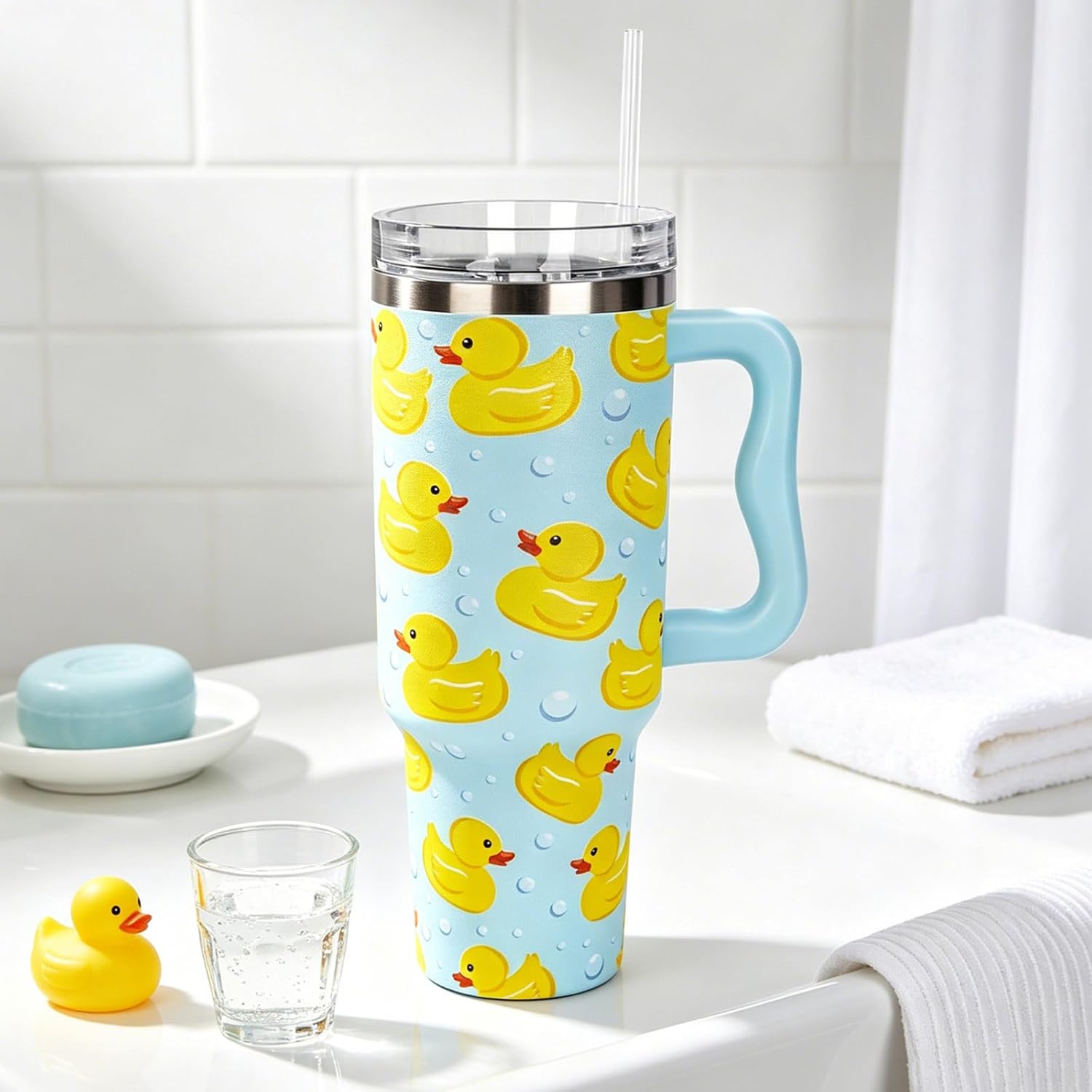 Whaline 40 oz Yellow Duck Tumbler with Handle Straw and Lid Cute Animal Travel Tumbler Coffee Cup for Friend Holiday Birthday Party Favors image 5
