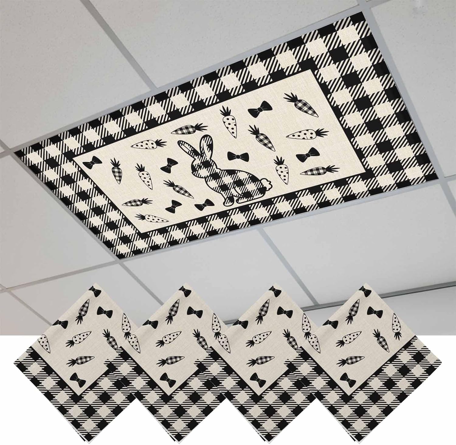 Easter Bunny Fluorescent Light Covers for Ceiling Lights 4x2 feet,4 Pack Magnetic Light Filters for Classroom,Srping Abstract Bunnies Carrot Bow Silhouettes Fluorescent Lamp Shade Panel for Office