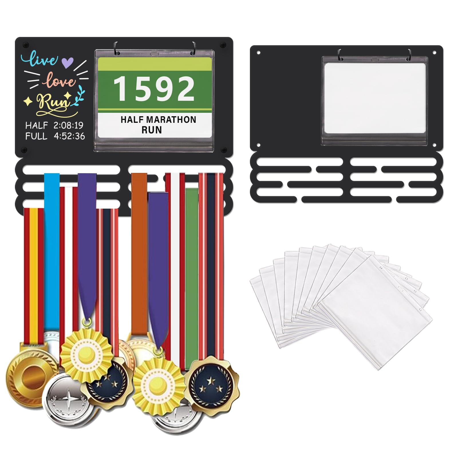 SUPERDANT Présentoir pour médailles de Course avec 10 Supports pour dossards et 12 Crochets Présentoir dossards de Course Étagère en Fer trophées Organisateur Mural médailles Cadeaux