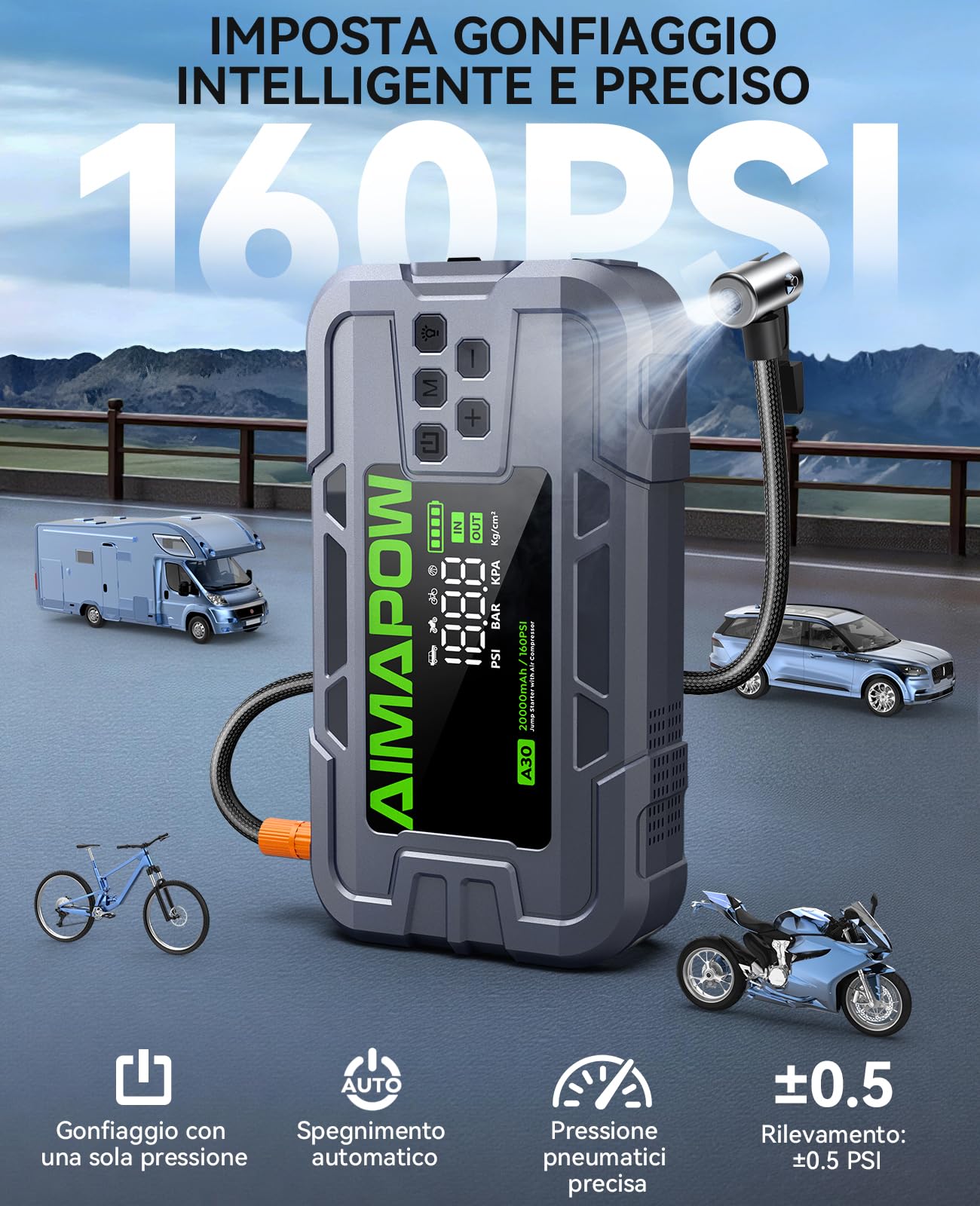 Avviatore Batteria Auto 8000A con Compressore 160PSI,Booster Batteria Auto 12V per Tutti i Motori Benzina e Diesel 12L,Avviatore Emergenza Auto con Display LCD 4.2", Torcia 600LM （Green）