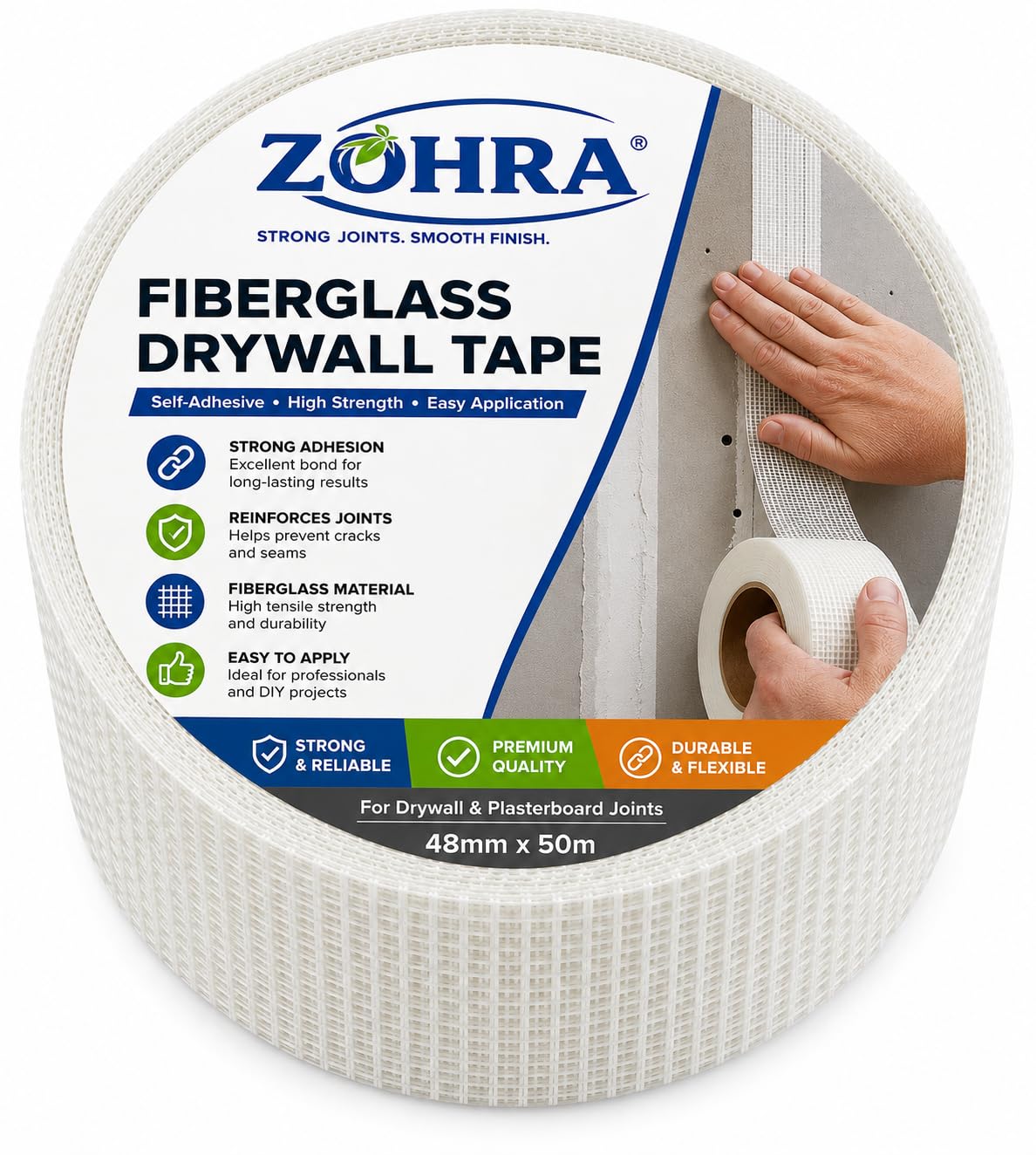 ZOHRA® Drywall Joint Tape 96mm (4 Inch) x 50M | Wide Self-Adhesive Fiberglass Mesh Tape for Drywall Crack Repair, Hole Patching & Joint Reinforcement | High-Strength Plaster Wall Repair Tape-image-9