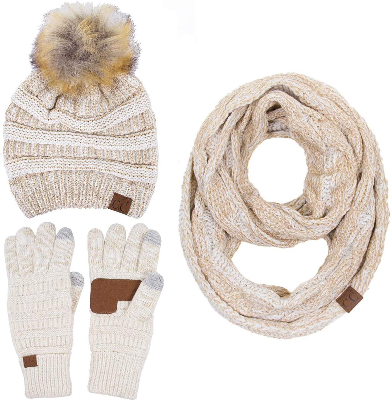 3pc Set Trendy Warm Chunky Soft Stretch Cable Knit Pom Pom Beanie, Scarves and Gloves Set