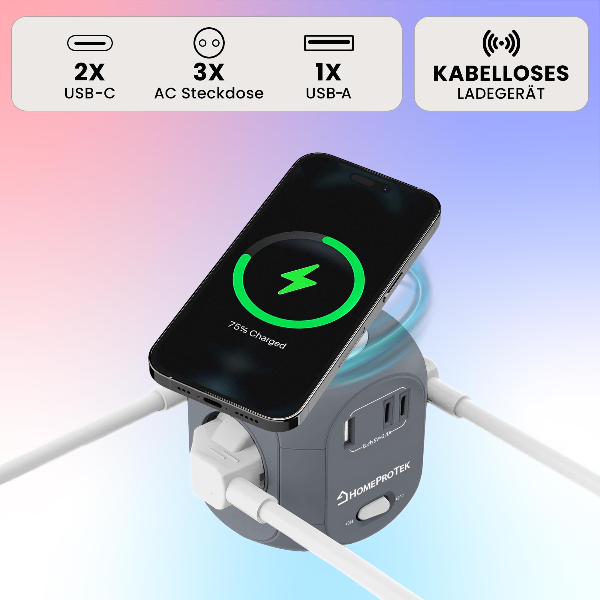 HomeProtek Steckdosenwürfel 3-Fach, USB-A, 2 USB-C, Grau, Kabelloses Laden | Steckdosenwürfel Mit USB, Kabellosem Ladegerät Und Schalter; Kompakter Mehrfachstecker Für Schreibtisch, Büro Und Zuhause