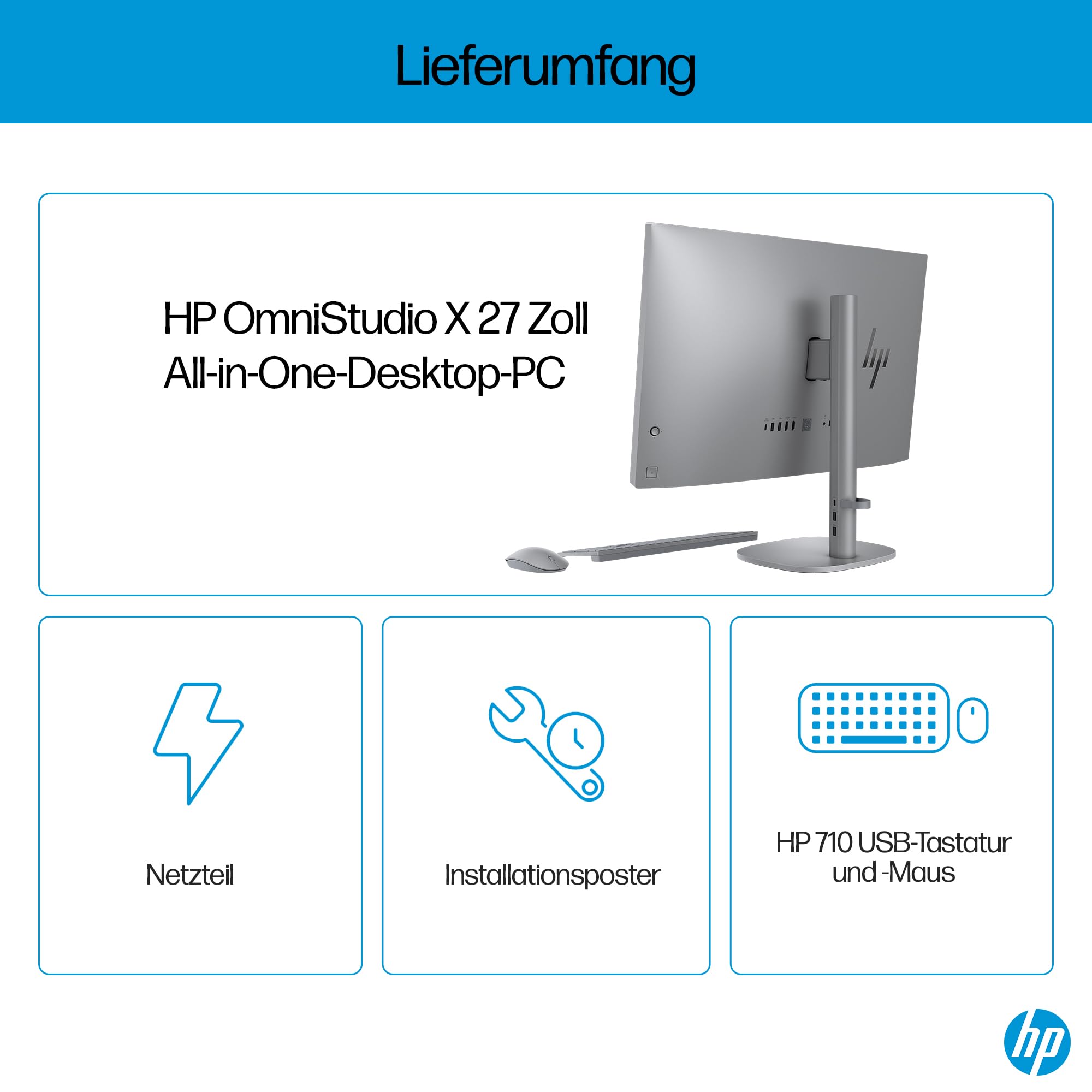 HP OmniStudio X 27-cs0273ng All-in-One KI PC, 27 Zoll Entspiegeltes FHD-Display, Intel Core Ultra 7 155H, 16 GB DDR5-SDRAM, 1 TB SSD, Intel Arc Graphics, Windows 11 Home, QWERTZ Tastatur, Silber