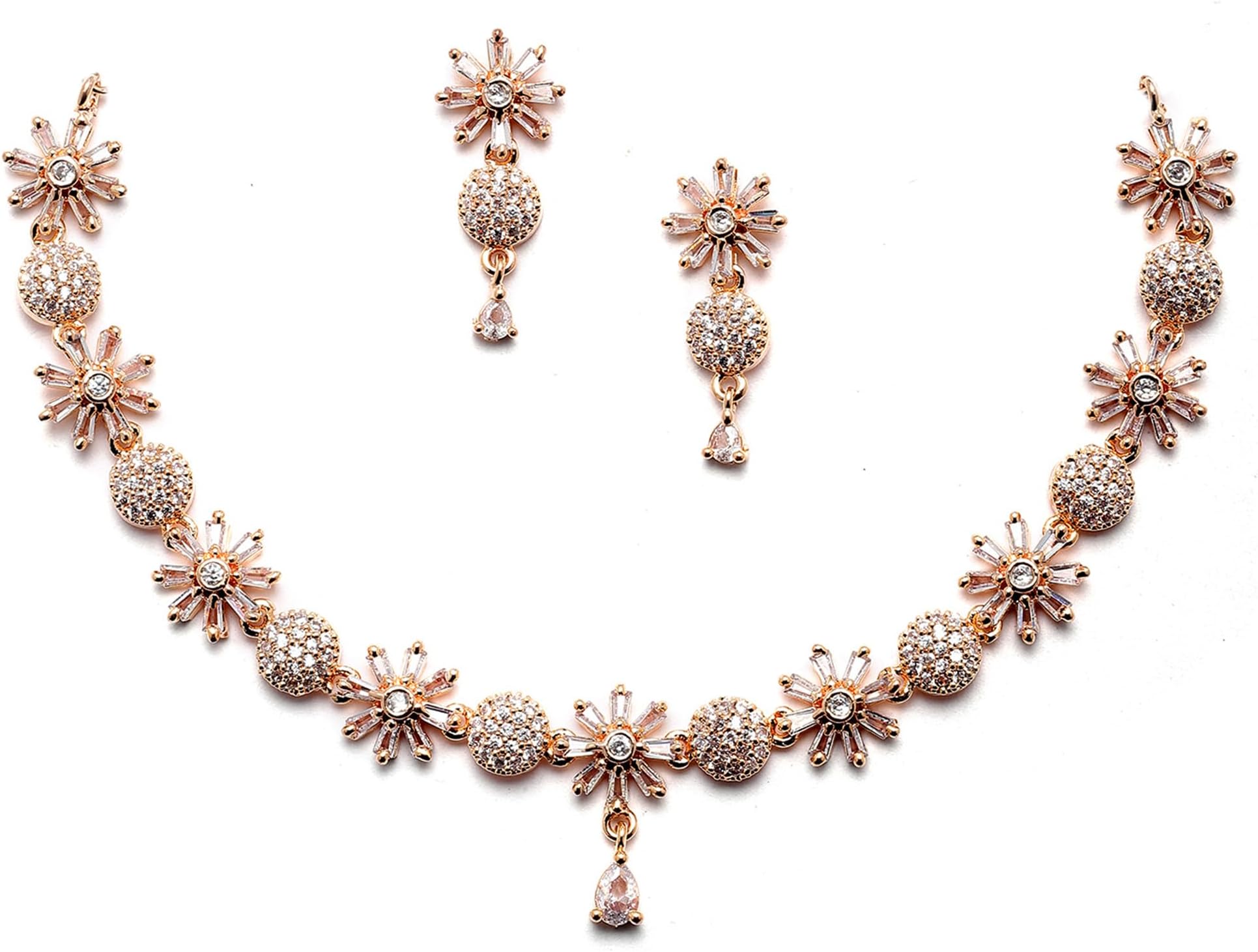 Women's Rose Gold-Plated White American Diamond Studded Flower-Round Shaped Necklace with Earrings Jewellery Set Free Size Rose Gold & White