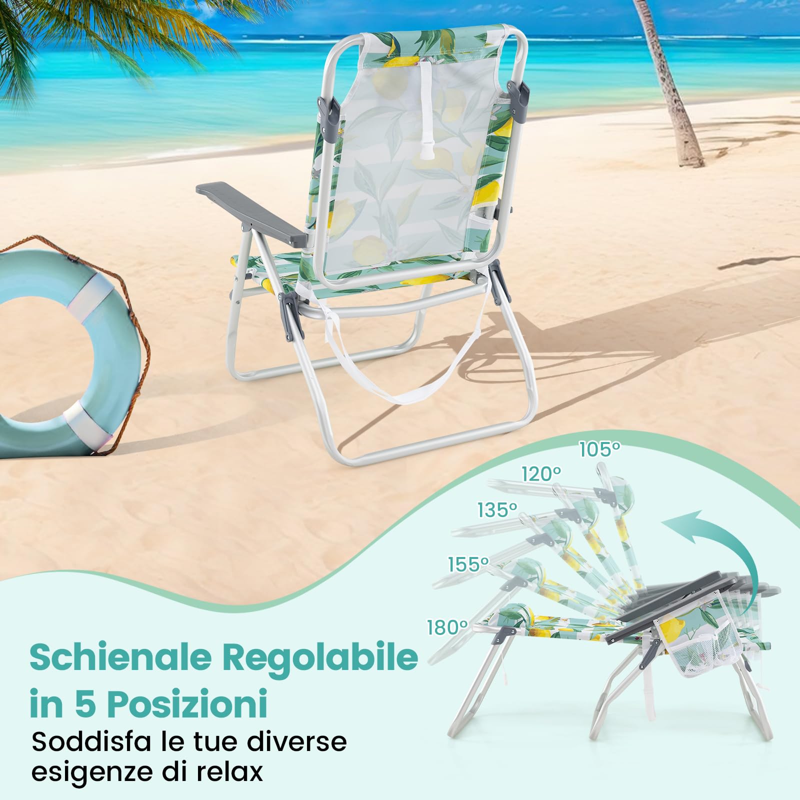 RELAX4LIFE Set di 3 Tavolo e Sedie da Campeggio, Tavolino Pieghevole e 2 Sedie con Schienale Regolabile a 5 Posizioni, Portabicchieri, Borsa da Trasporto, Struttura in Alluminio per Spiaggia (Verde)
