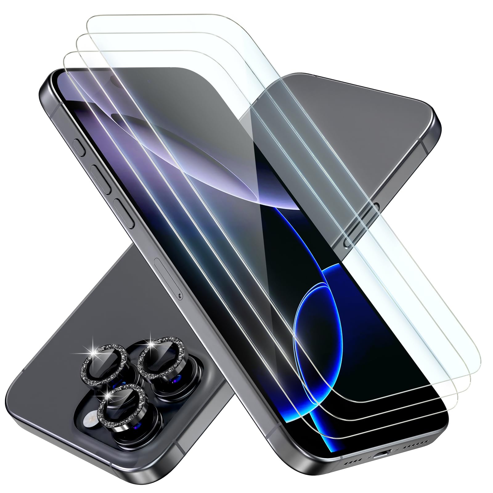 beuxece 3 Pack for iPhone 16 Pro Screen Protector 6.3" [9H Tempered Glass] [Bubble Free] [Military Grade Protection] & 1 Set of Glitter Camera Lens Protector - Black