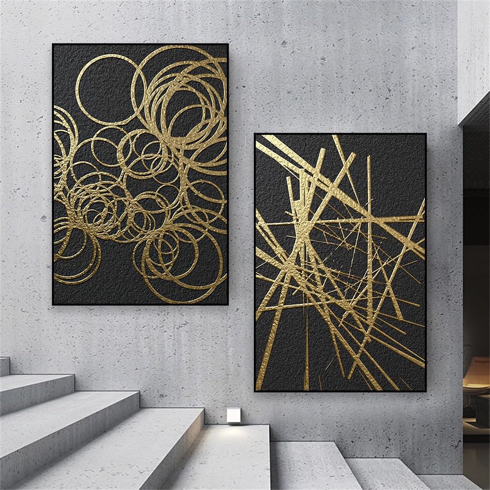 WUHBCZ Art Decor,Abstract Golden Line Wall Art Poster Abstract Gold Circle Art Print Large Black Color Canvas Painting Bedroom Office Home Room Decoration-30 * 50cm*2PCS (No Frame)