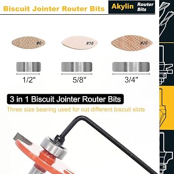 3 in 1 Biscuit Jointer Router Bit , for #20, #10,#0 biscuits, 1/4” Shank | Biscuit Joint Slot Cutter Router Bits & 3 Bearing Set , Slot Woodworking Tool for Plywood Slotting,Grooving,Rebating