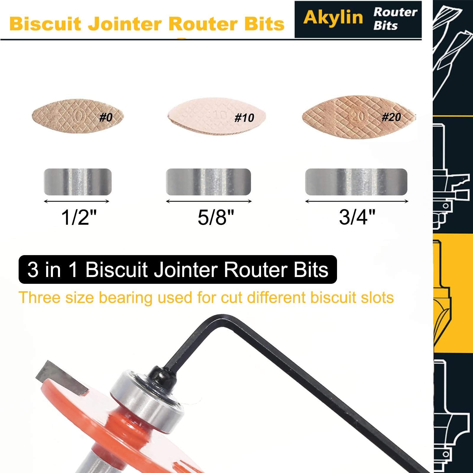 Akylin 3 in 1 Biscuit Jointer Router Bit, 1/4”Shank Biscuit Joint Slot Cutter Router Bits & 3 Bearing Set - Image 3