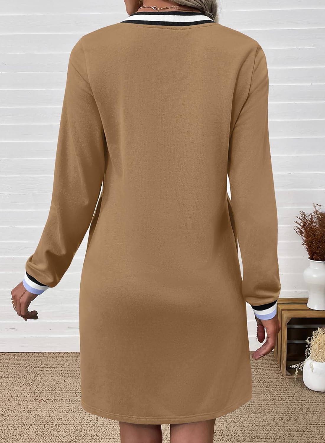 EVALESS Womens Dresses 2026 Spring Fall V Neck Long Sleeve Casual Tshirt Dress Contrast Striped Sweatshirt Dress - Image 4