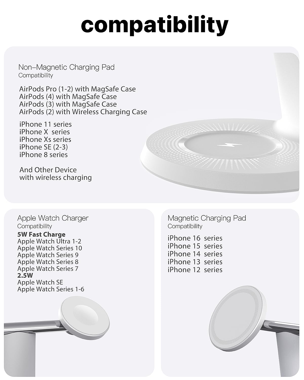 ZECHIN Station de charge sans fil 3 en 1 pour appareils Apple avec MagSafe | Chargement pour iPhone 17/Air/16/15/14/13, AirPods, Apple Watch, support de charge stable lesté, adaptateur USB-C inclus